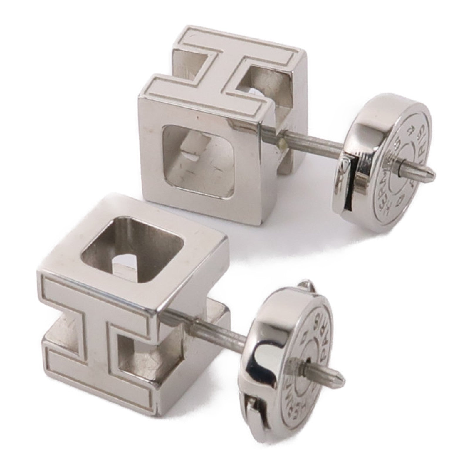 HERMES 金屬H Cube Earrings耳環銀色/橙色