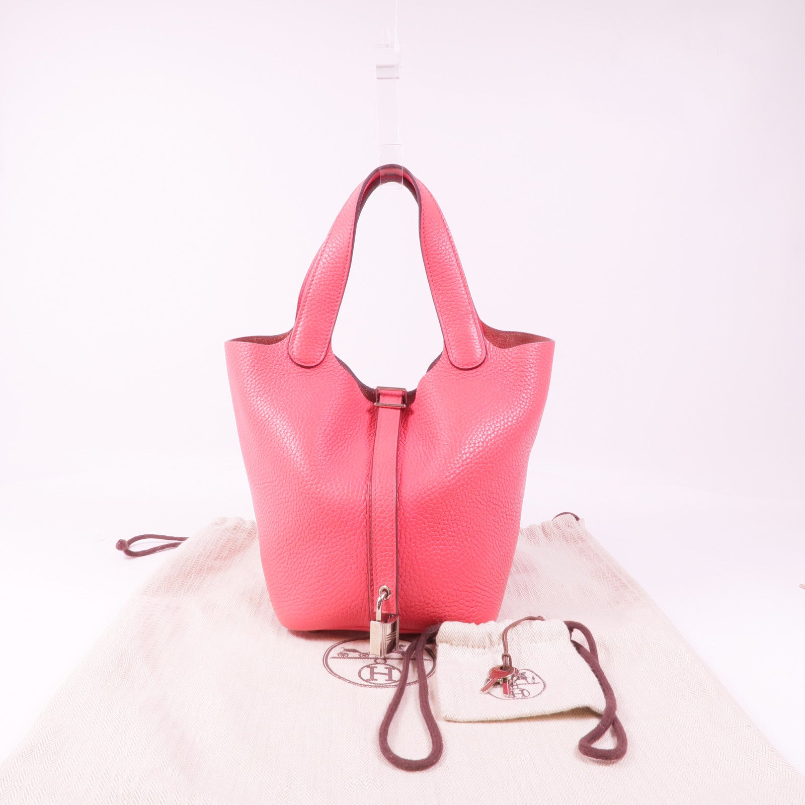 HERMES Clemence皮革Picotin PM銀扣手挽袋Rose Extreme