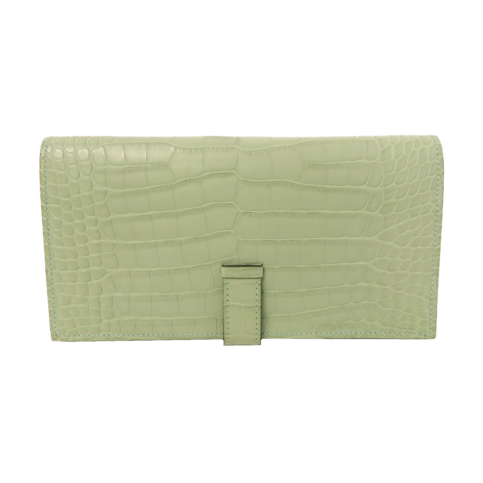 HERMES 【激減優惠】鱷魚皮革Bearn Wallet銀扣長錢包新薄荷綠色