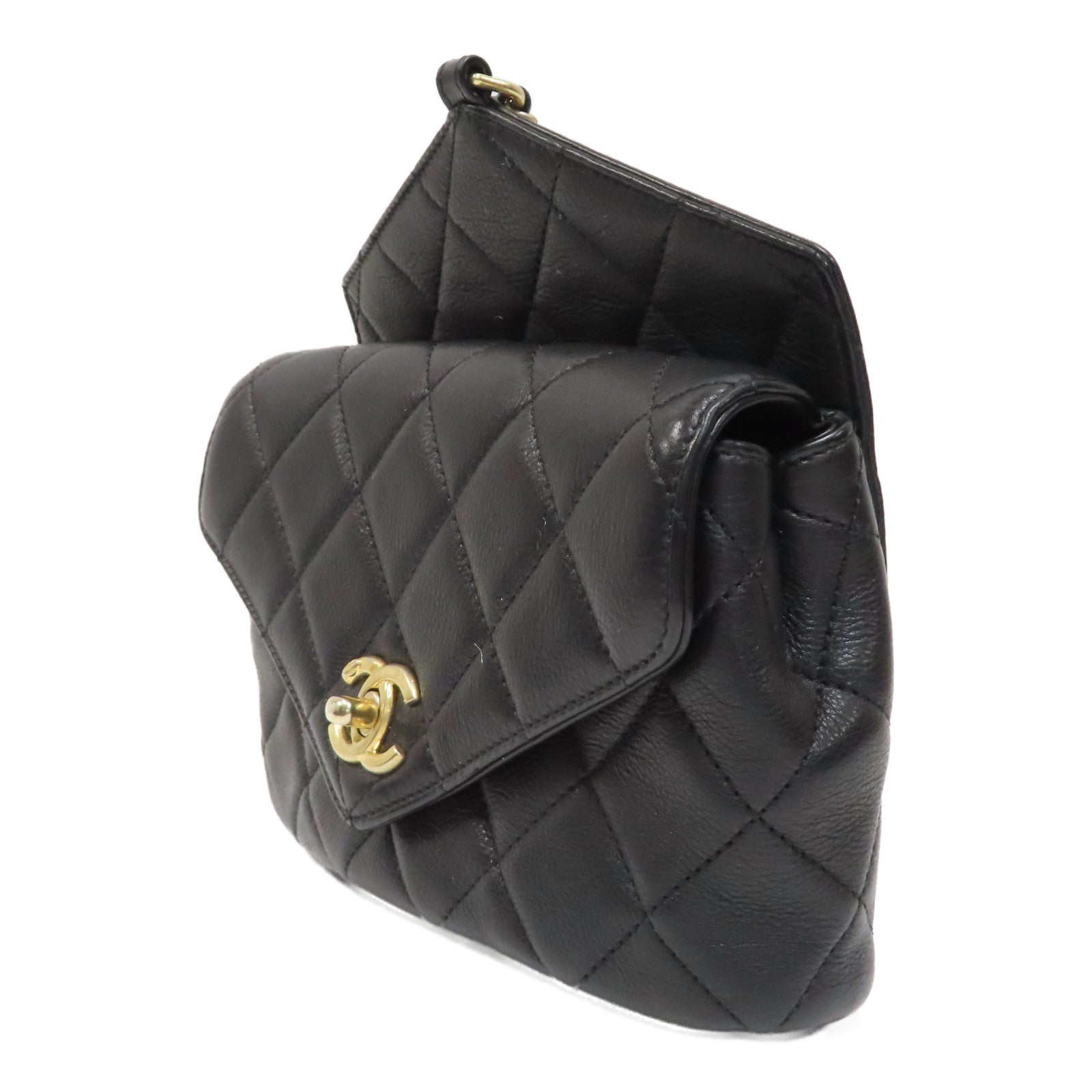 CHANEL 菱格牛皮皮革Flap Waist Bag金扣腰包黑色