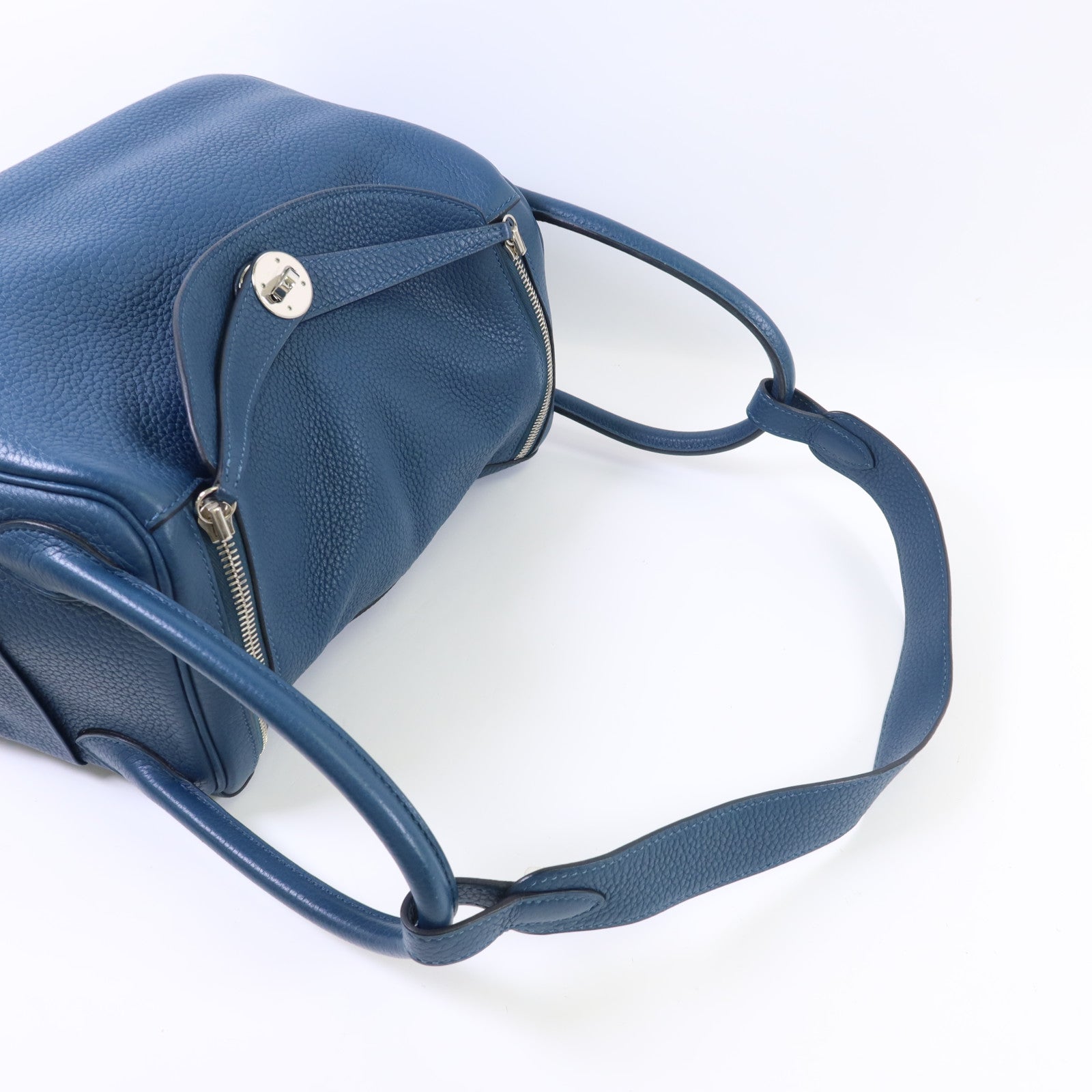 HERMES Clemence皮革Lindy 30銀扣手挽肩背兩用袋Bleu Jean