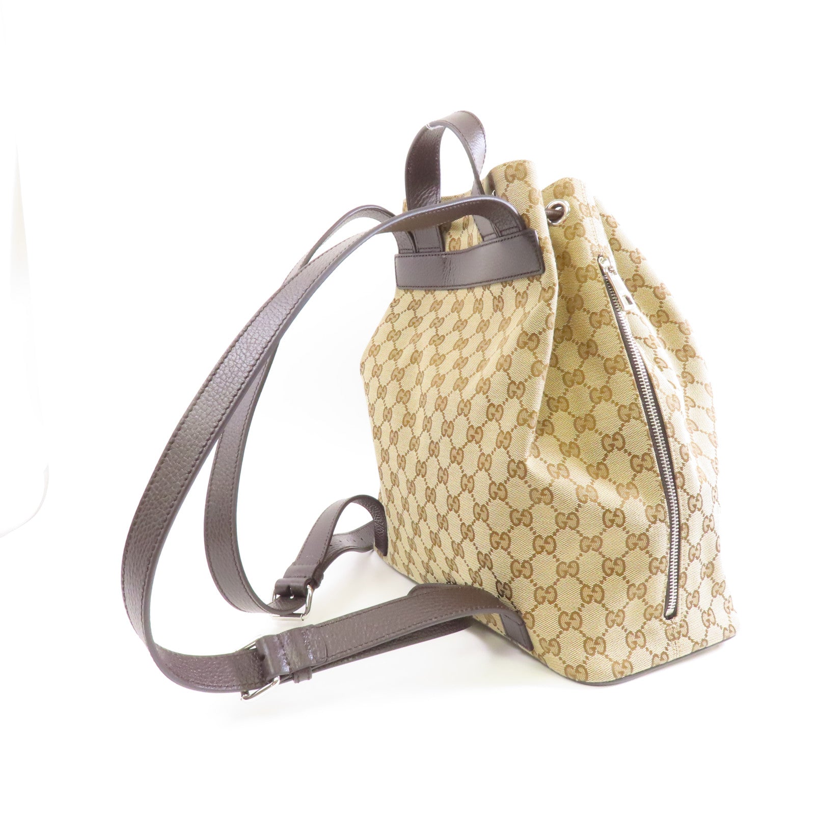 GUCCI 帆布Backpack銀扣背包棕色