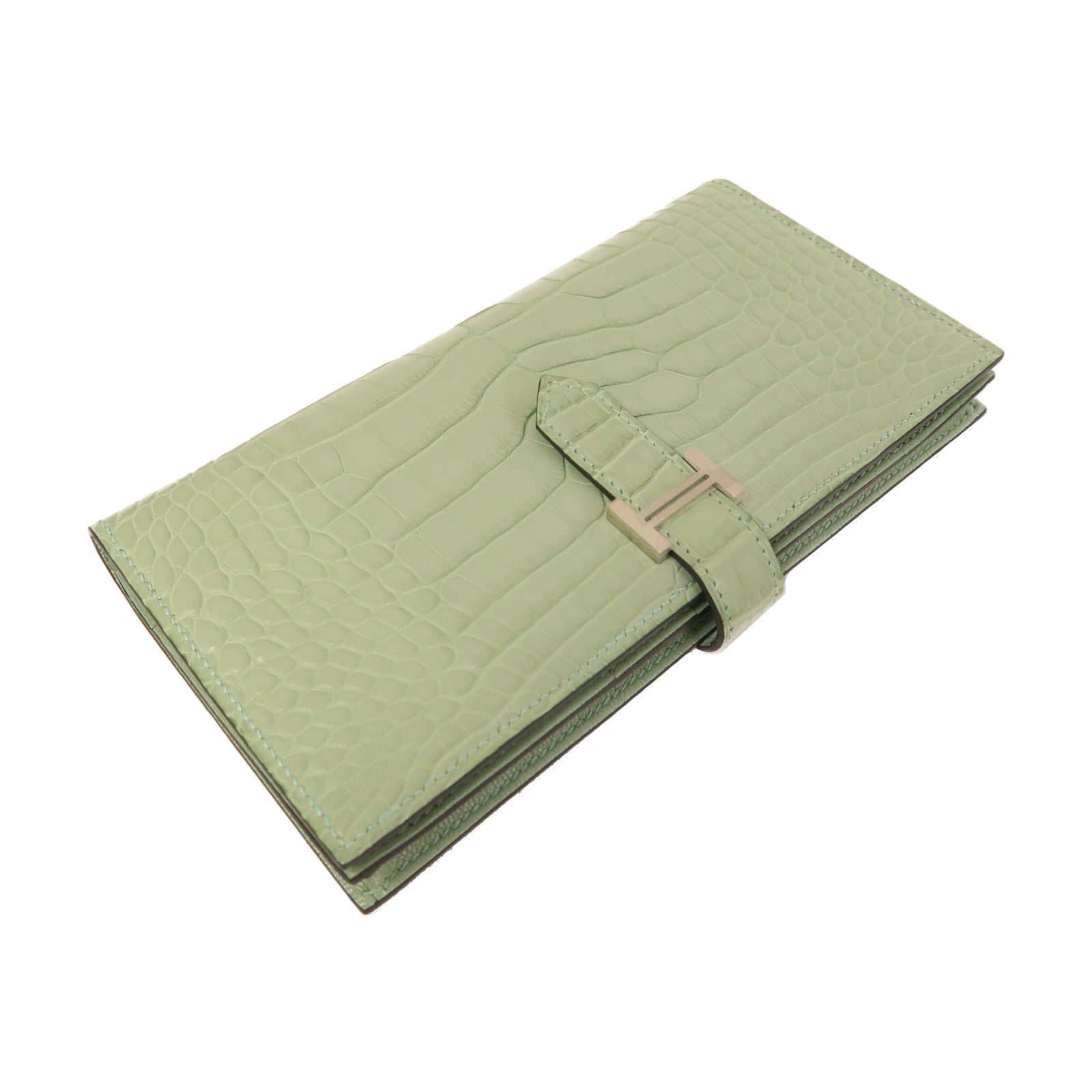 HERMES 【激減優惠】鱷魚皮革Bearn Wallet銀扣長錢包新薄荷綠色