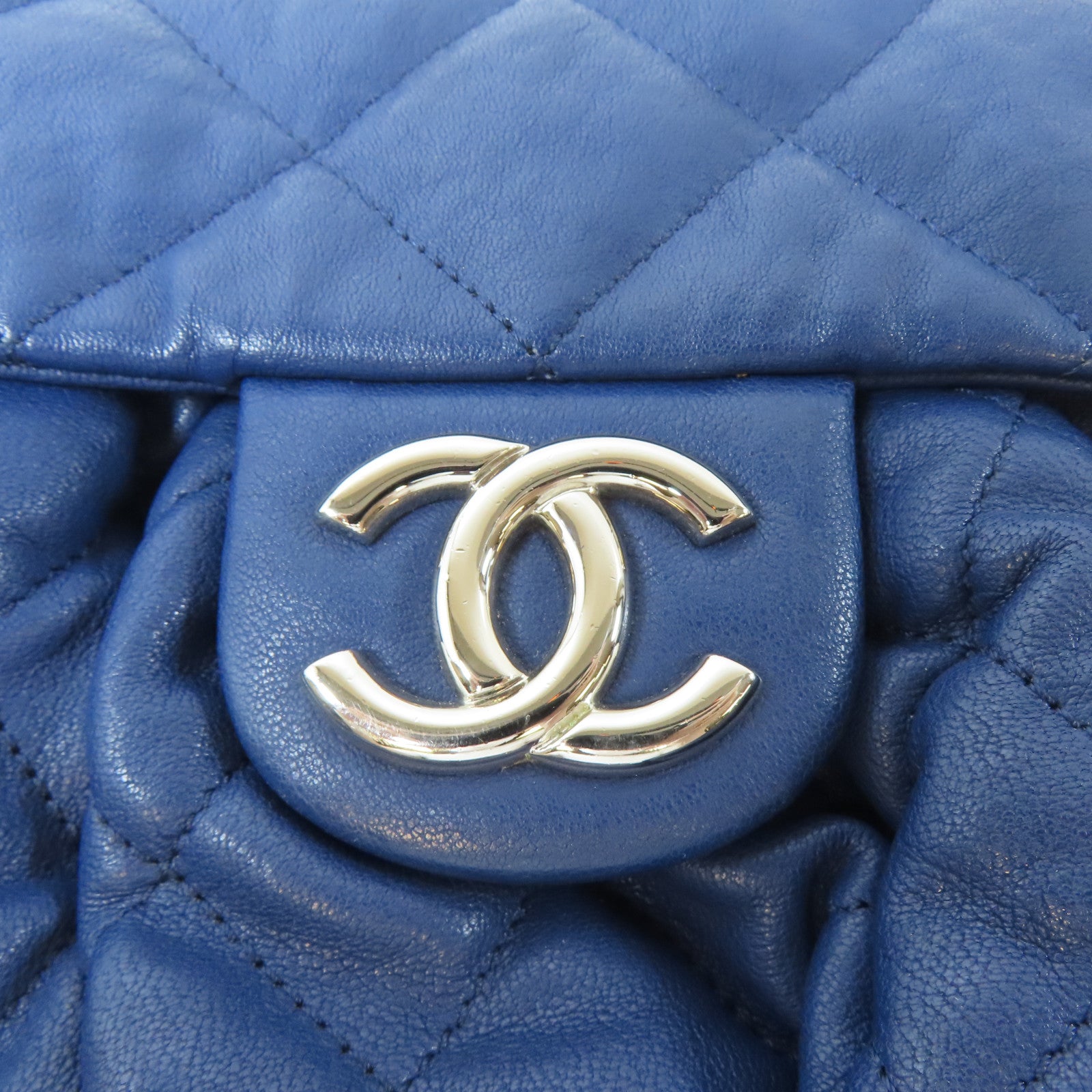 CHANEL 菱格牛皮皮革Chain Shoulder銀扣鏈帶肩背袋藍色