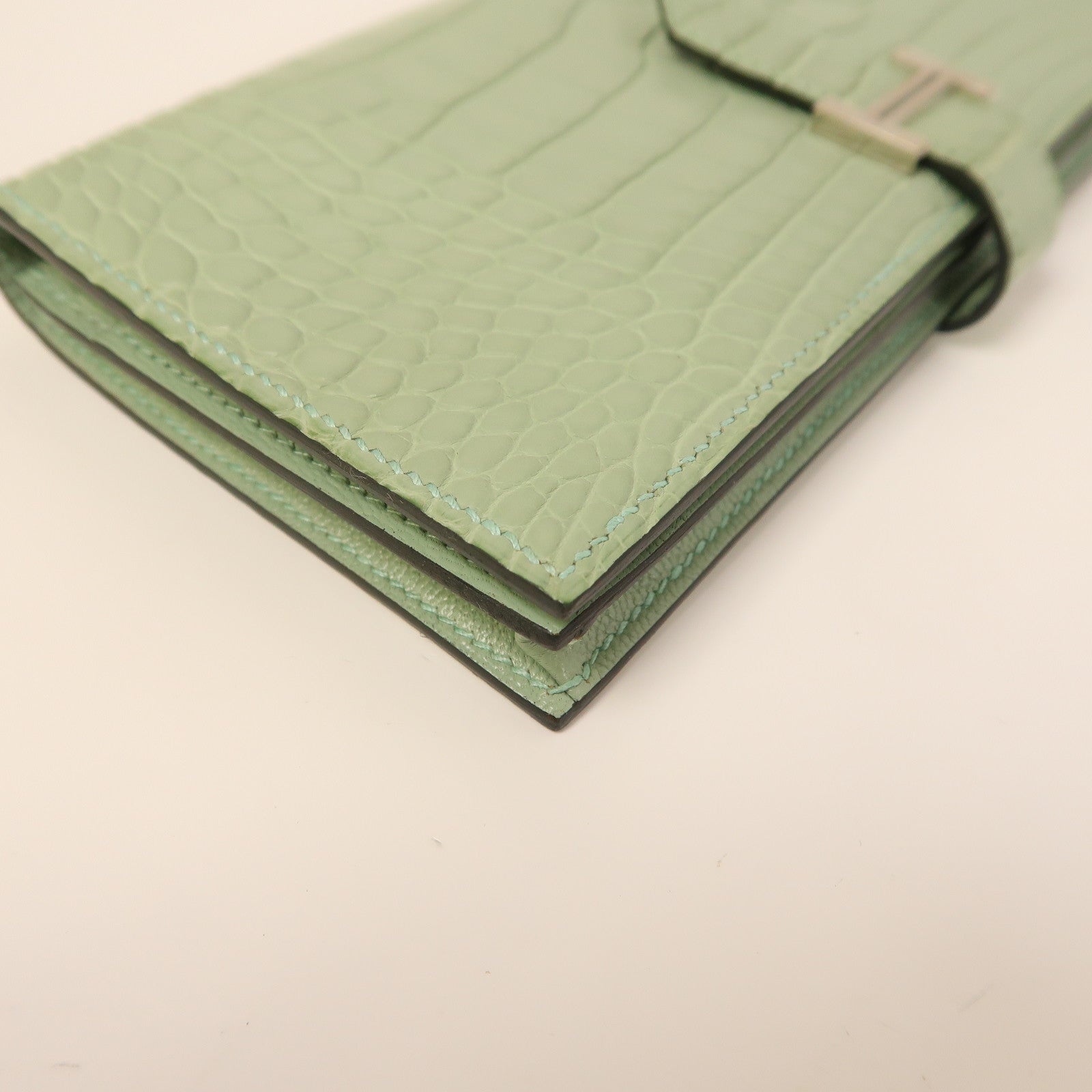 HERMES 【激減優惠】鱷魚皮革Bearn Wallet銀扣長錢包新薄荷綠色