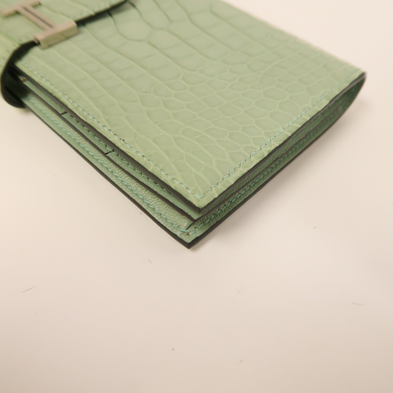 HERMES 【激減優惠】鱷魚皮革Bearn Wallet銀扣長錢包新薄荷綠色