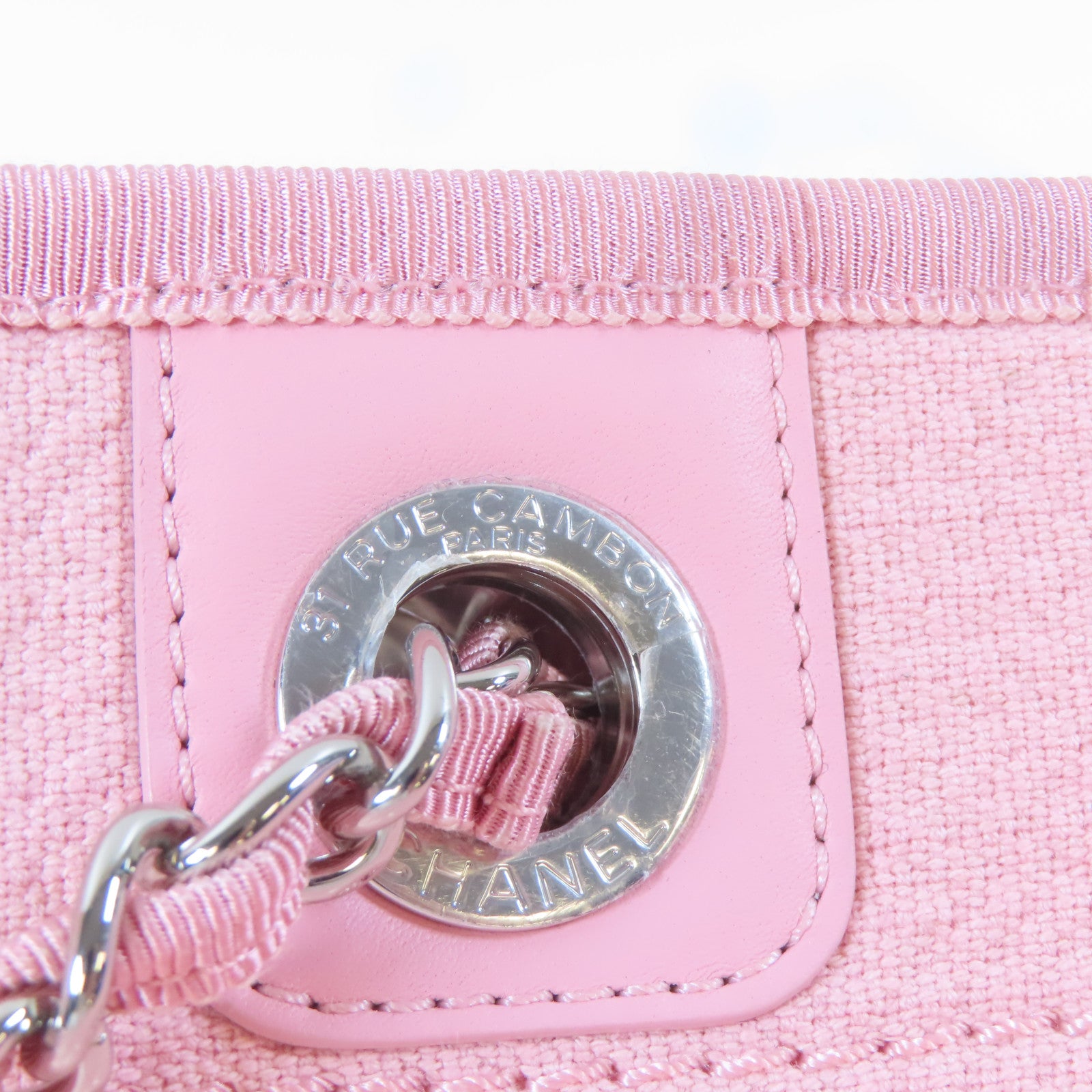 CHANEL 帆布Deauville Tote銀扣鏈帶肩背袋粉紅色