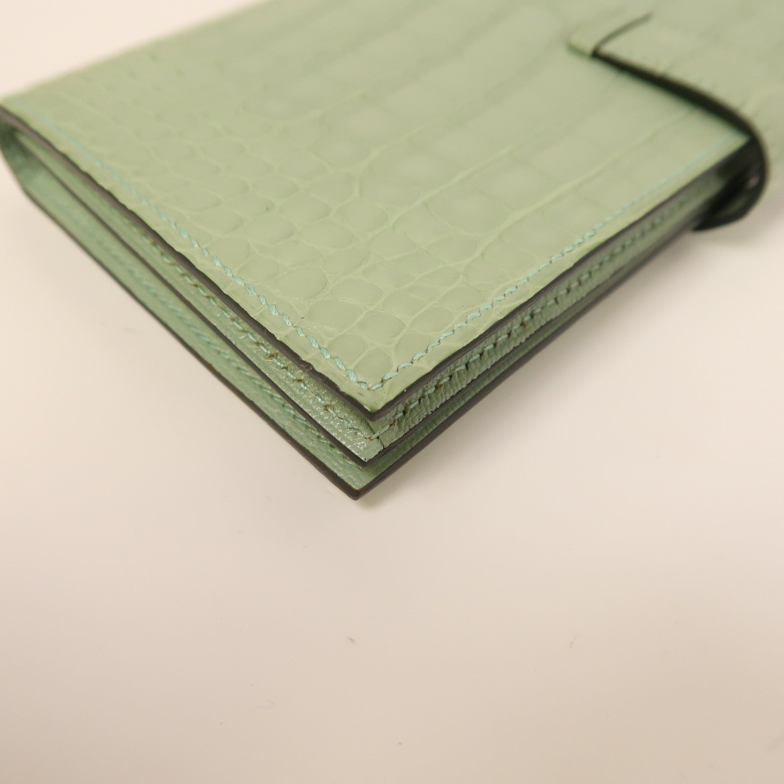 HERMES 【激減優惠】鱷魚皮革Bearn Wallet銀扣長錢包新薄荷綠色