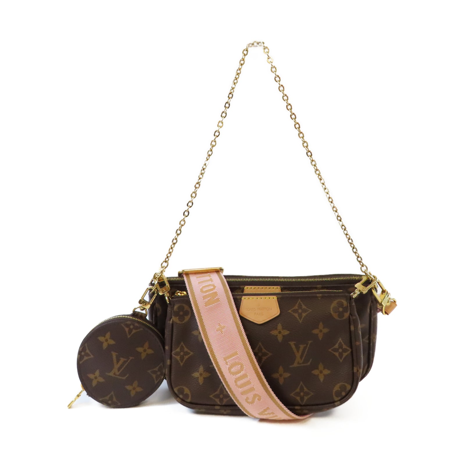 LOUIS VUITTON Monogram Multi Pochette Accessories金扣鏈帶手挽肩背兩用袋啡色/粉紅色