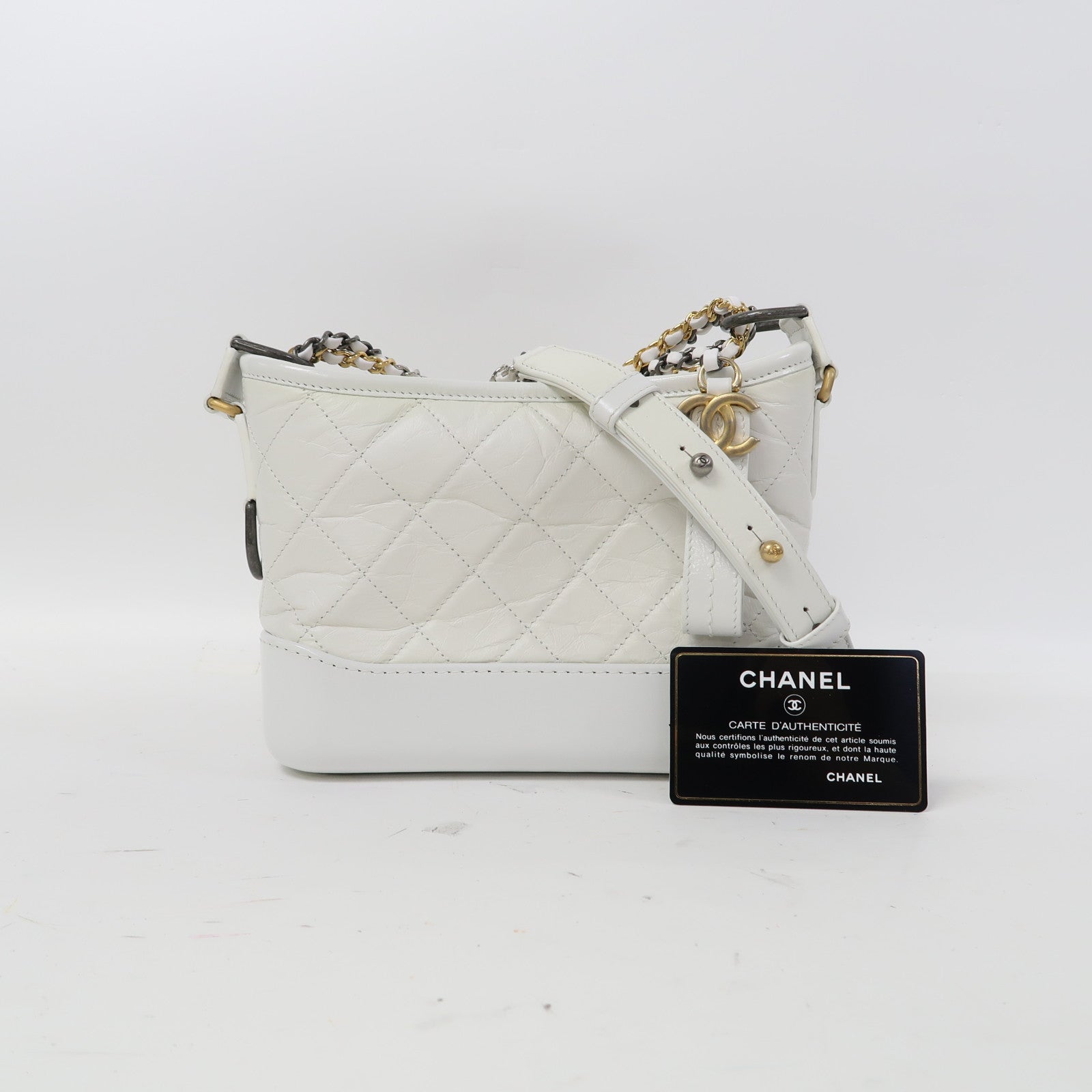 CHANEL 菱格牛皮皮革Gabrielle鏈帶肩背袋白色