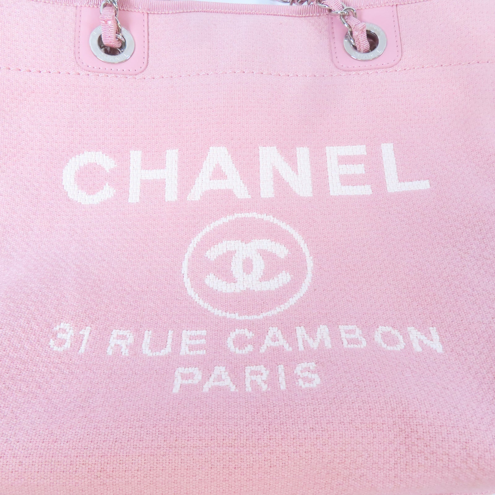 CHANEL 帆布Deauville Tote銀扣鏈帶肩背袋粉紅色