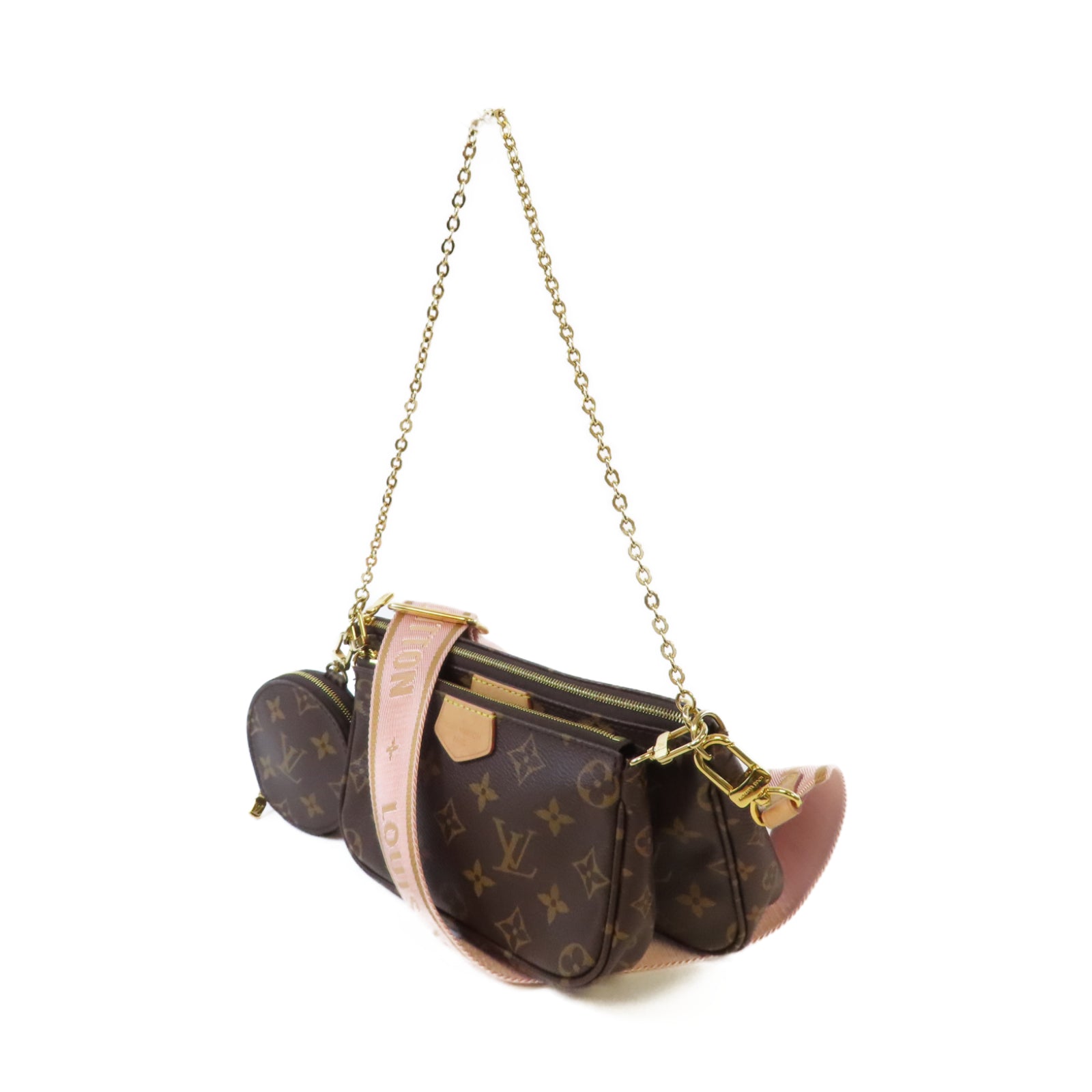 LOUIS VUITTON Monogram Multi Pochette Accessories金扣鏈帶手挽肩背兩用袋啡色/粉紅色