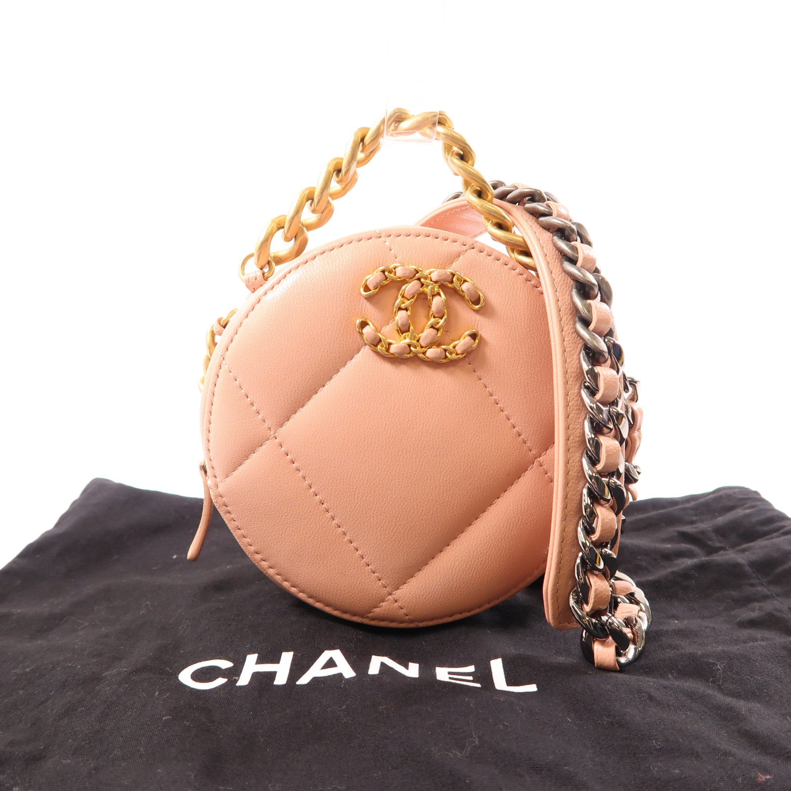 CHANEL CC Round Clutch 19 2 Way Shoulder Bag Handbag Lambskin Leather Pink