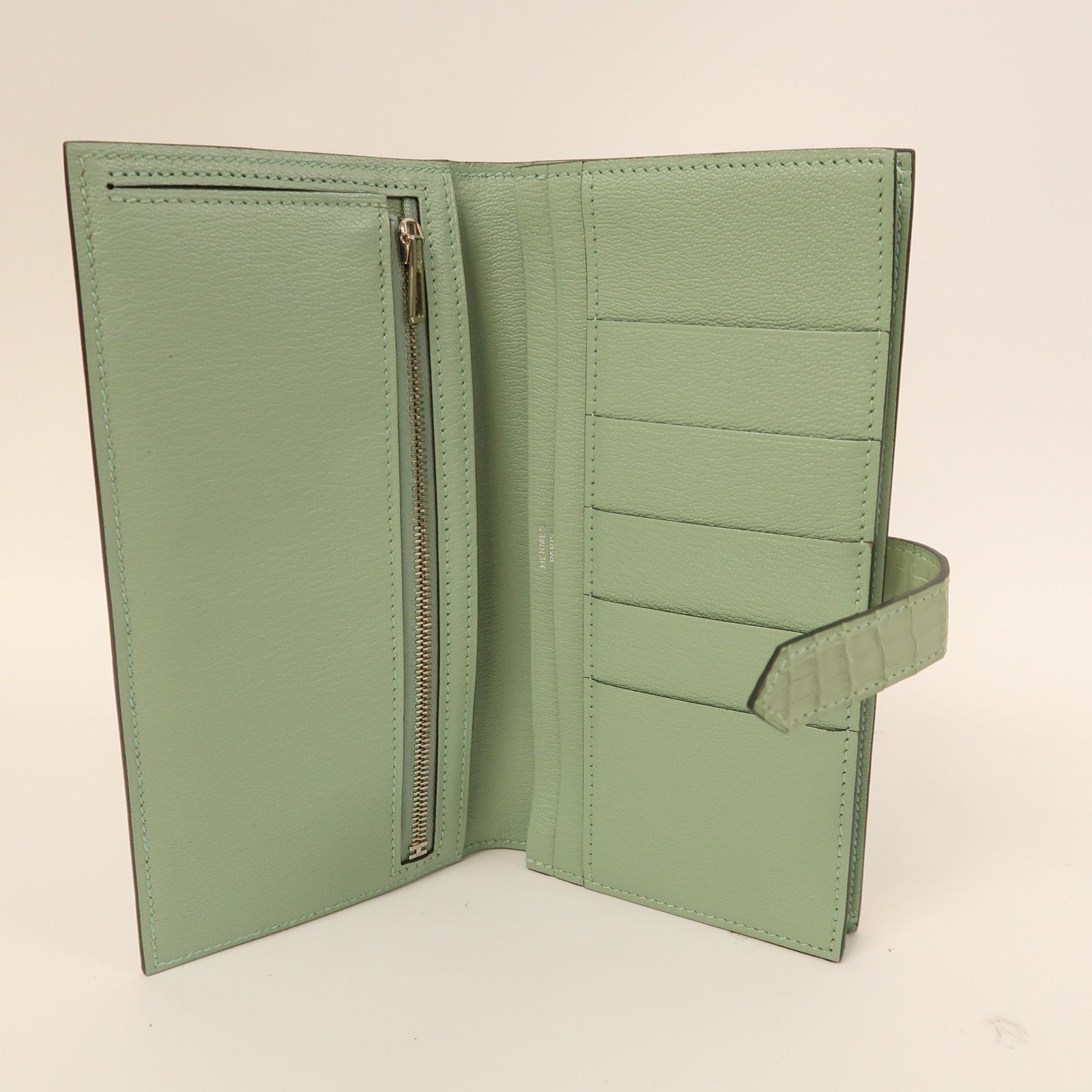HERMES 【激減優惠】鱷魚皮革Bearn Wallet銀扣長錢包新薄荷綠色