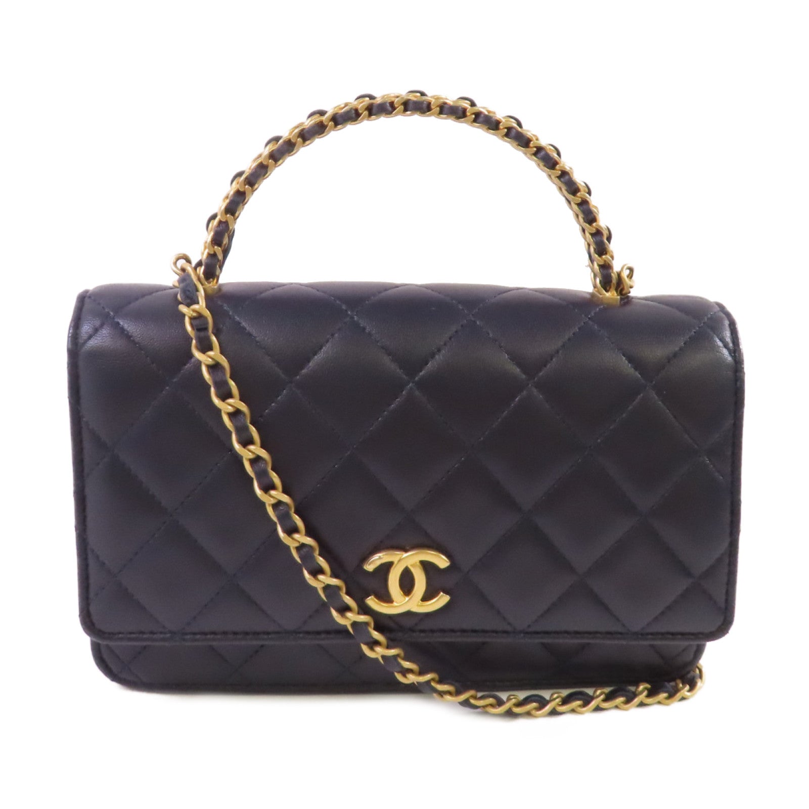 CHANEL 菱格羊皮皮革WOC Wallet On Chain Shoulder Bag金扣鏈帶肩背袋深藍色