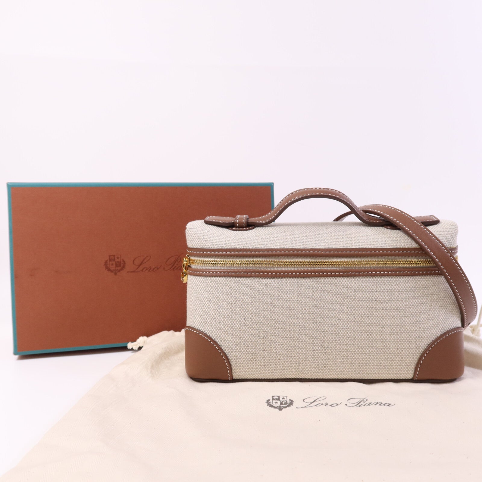 Loro Piana 帆布/牛皮皮革Extra Pocket L19金扣手挽肩背兩用袋