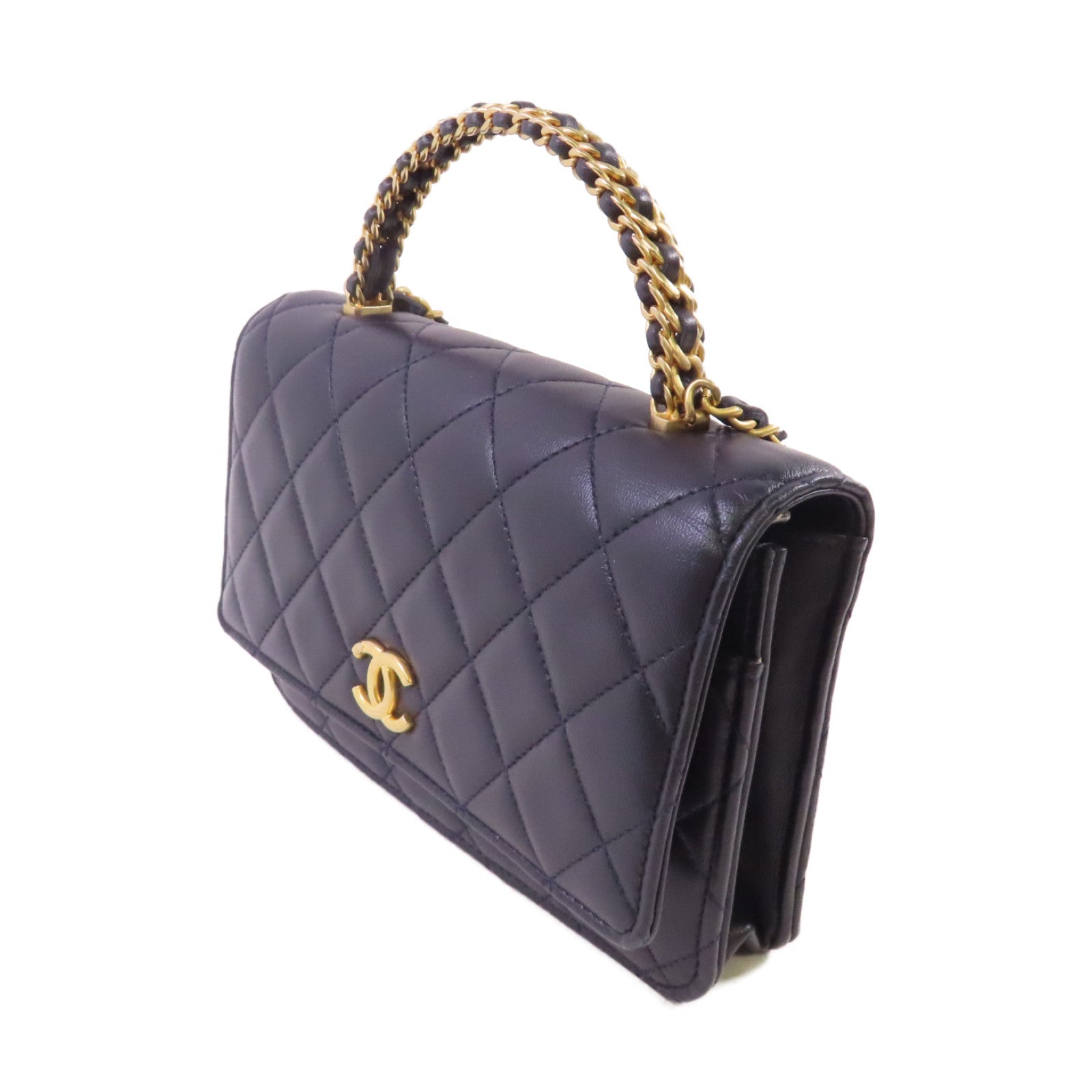 CHANEL 菱格羊皮皮革WOC Wallet On Chain Shoulder Bag金扣鏈帶肩背袋深藍色