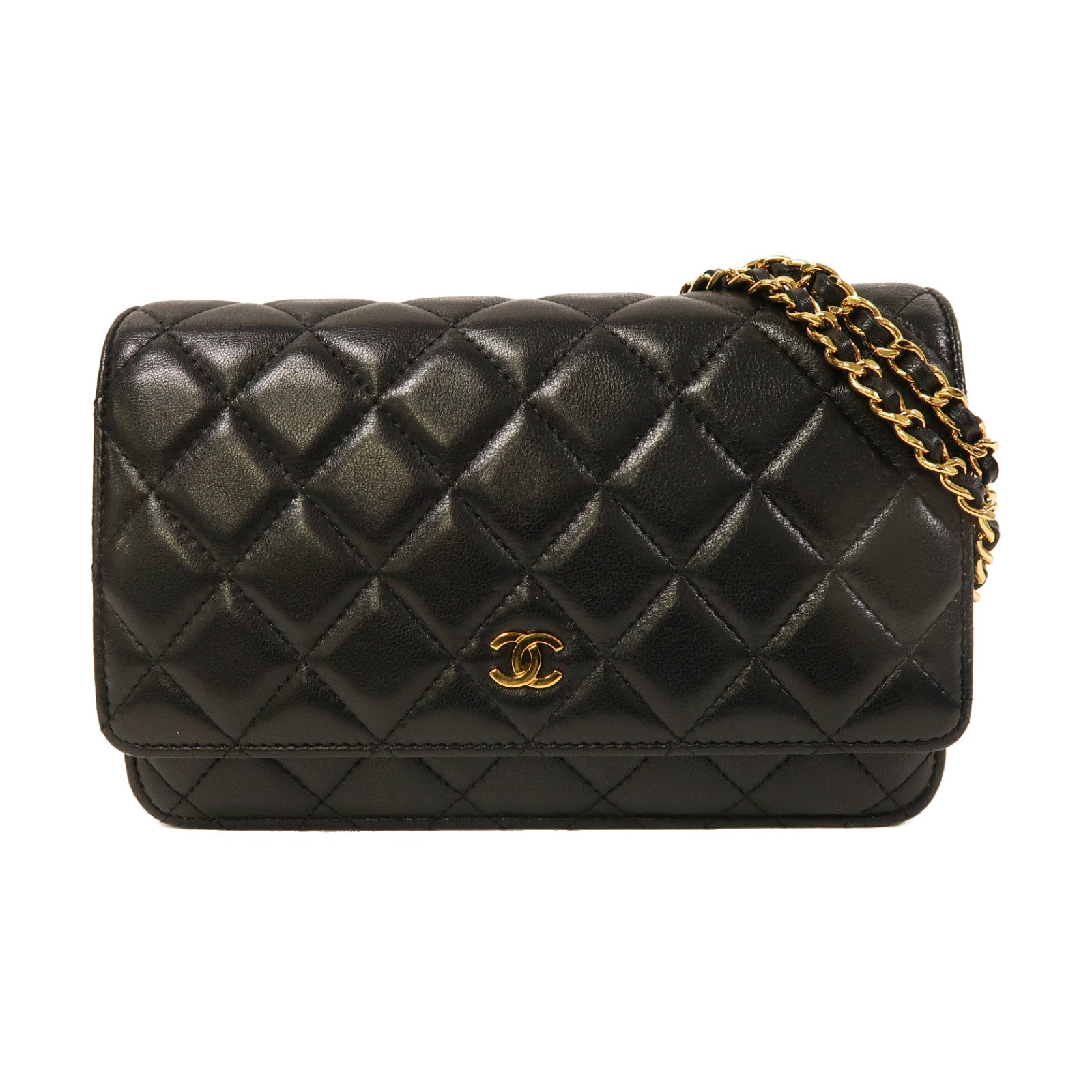 CHANEL 菱格羊皮皮革Wallet On Chain金扣鏈帶肩背袋黑色