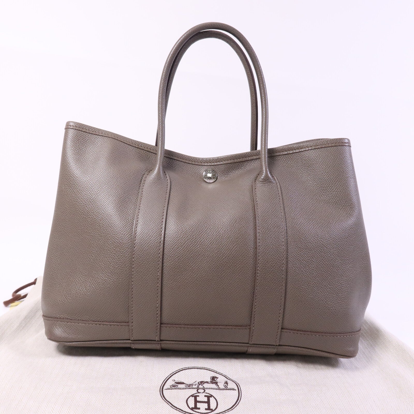 HERMES Epsom皮革Garden Party TPM銀扣手挽Etoupe袋