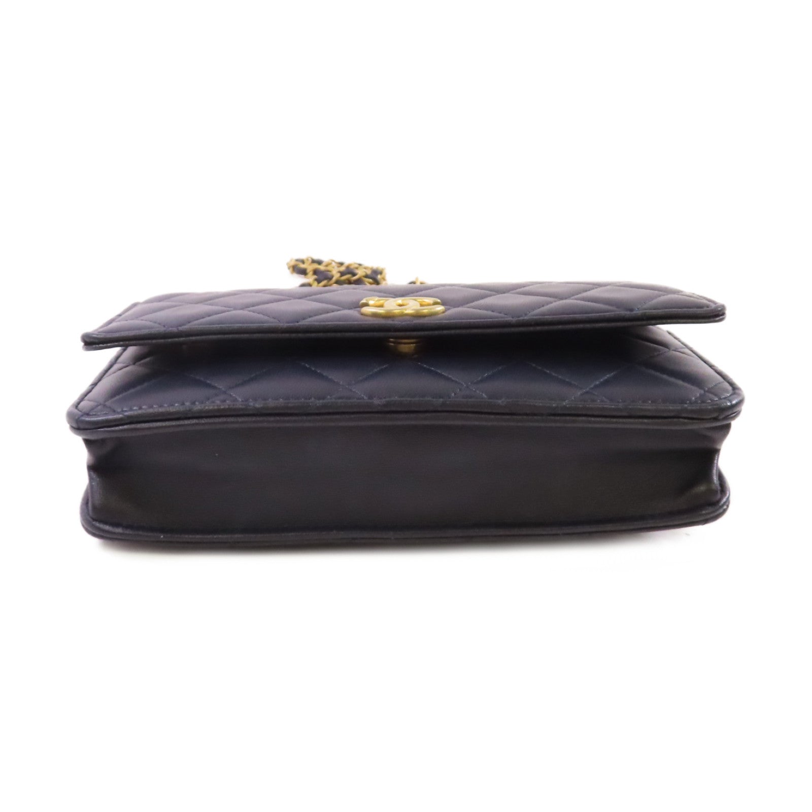 CHANEL 菱格羊皮皮革WOC Wallet On Chain Shoulder Bag金扣鏈帶肩背袋深藍色