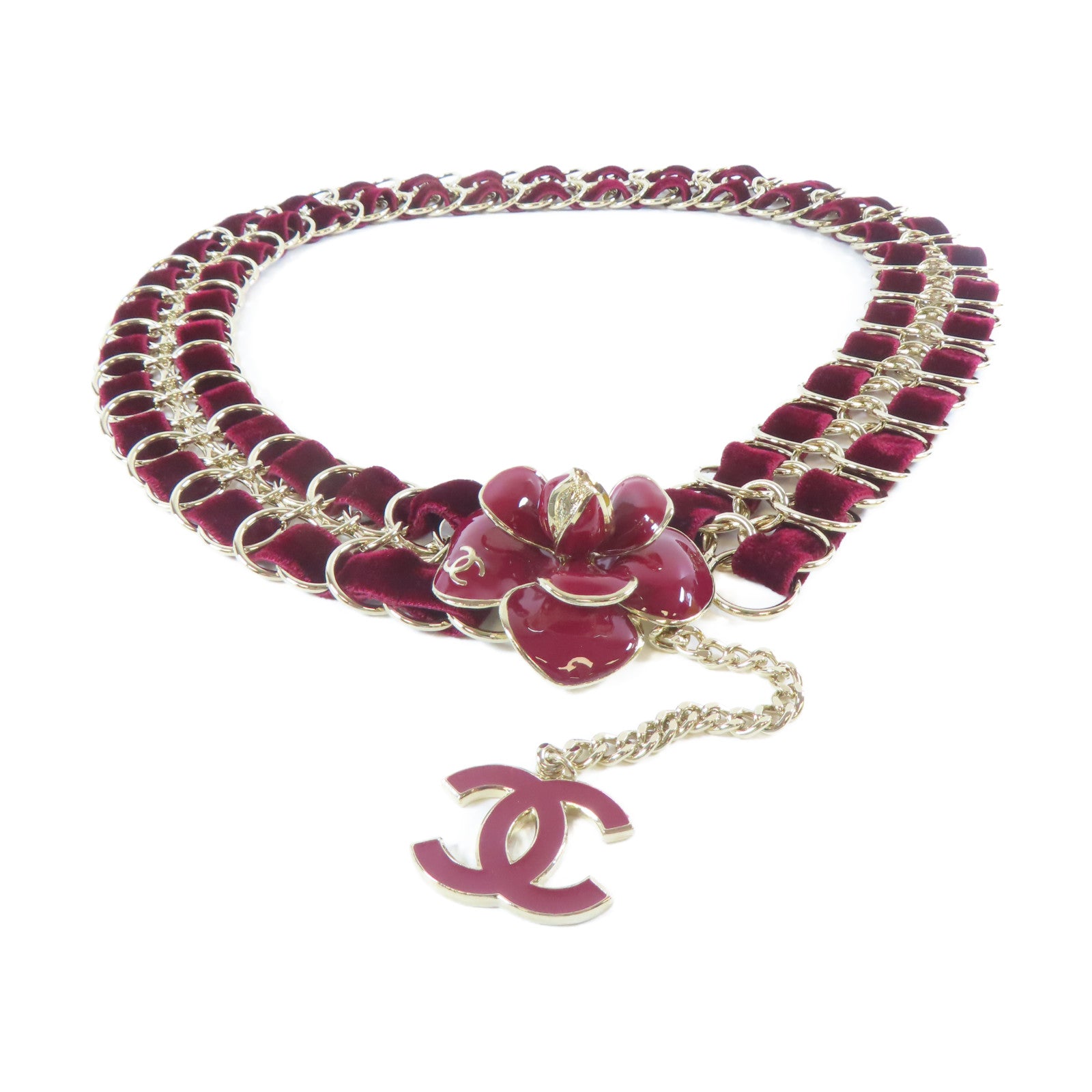 CHANEL 【激減優惠】金屬/天鵝絨Chain Belt腰帶金色/紅色