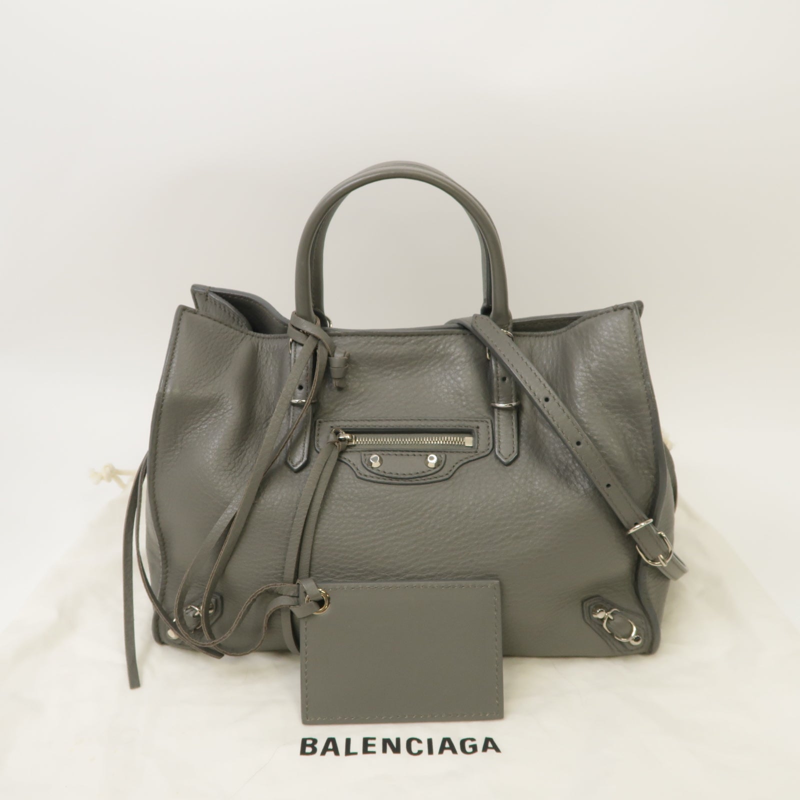 BALENCIAGA 【激減優惠】牛皮皮革Papier銀扣手挽肩背兩用袋灰色