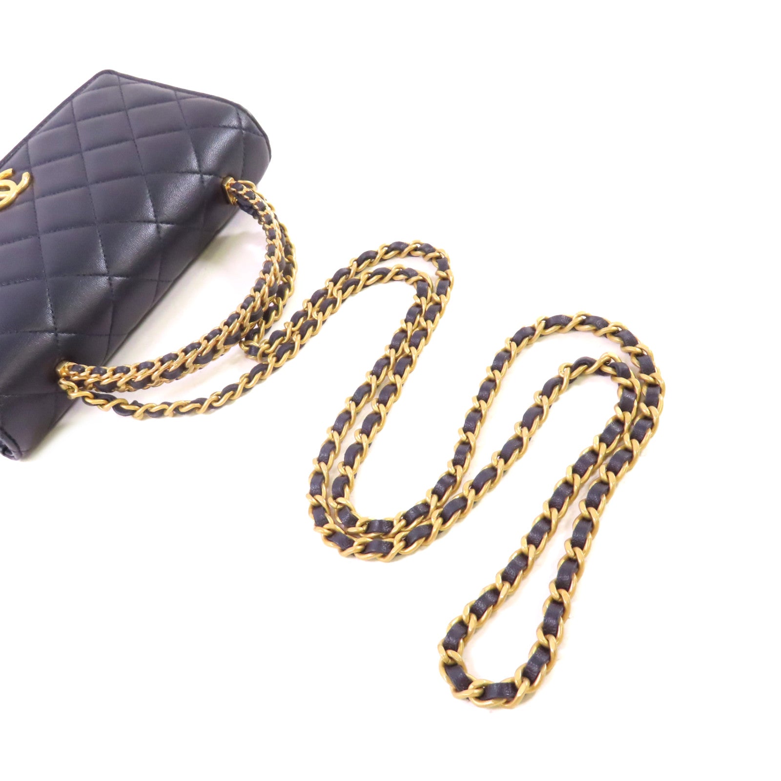 CHANEL 菱格羊皮皮革WOC Wallet On Chain Shoulder Bag金扣鏈帶肩背袋深藍色