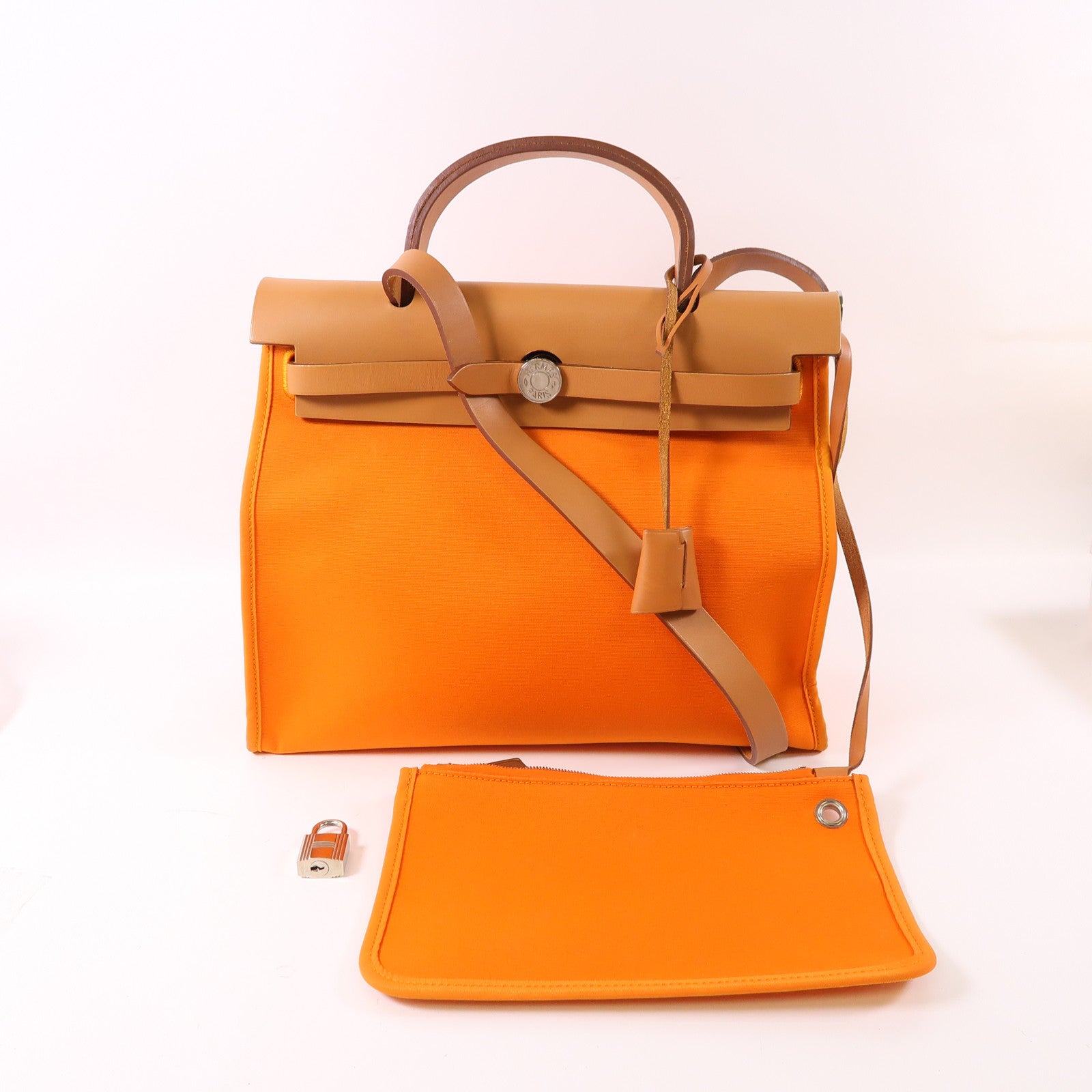 HERMES 帆布Herbag PM銀扣手挽肩背兩用袋93 Orange