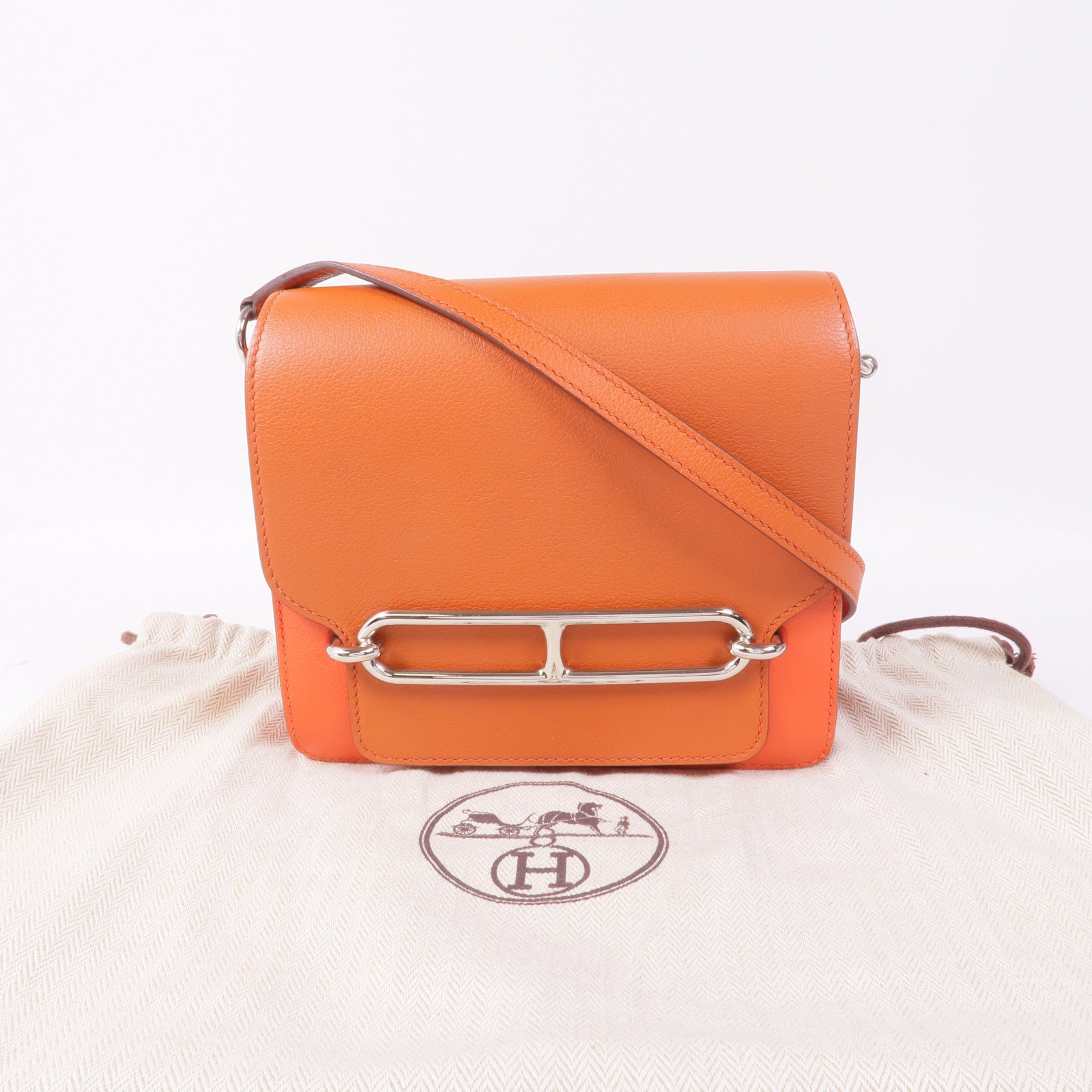 HERMES Evercolor皮革Roulis Mini銀扣肩背袋Capucine/Terre Battu