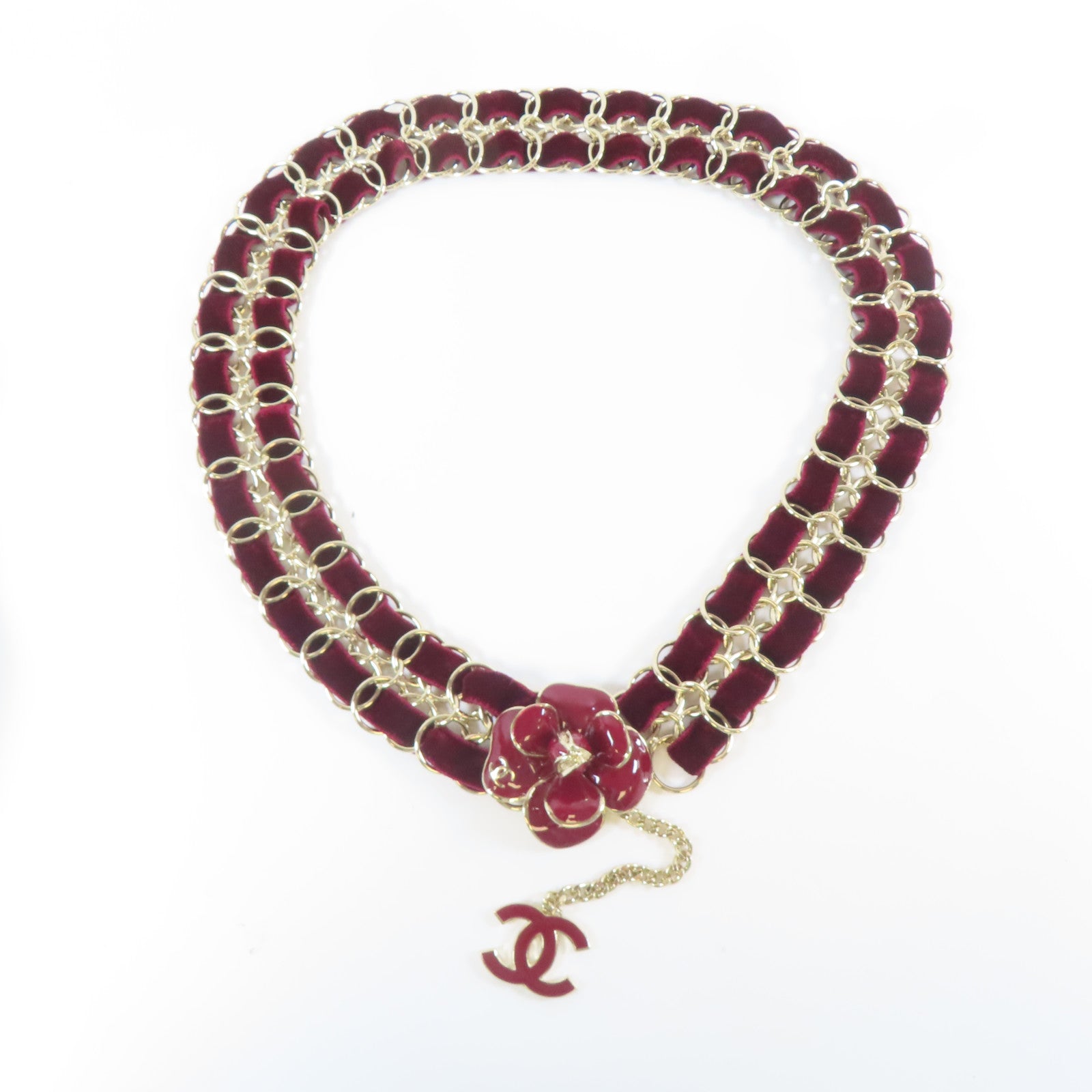 CHANEL 【激減優惠】金屬/天鵝絨Chain Belt腰帶金色/紅色