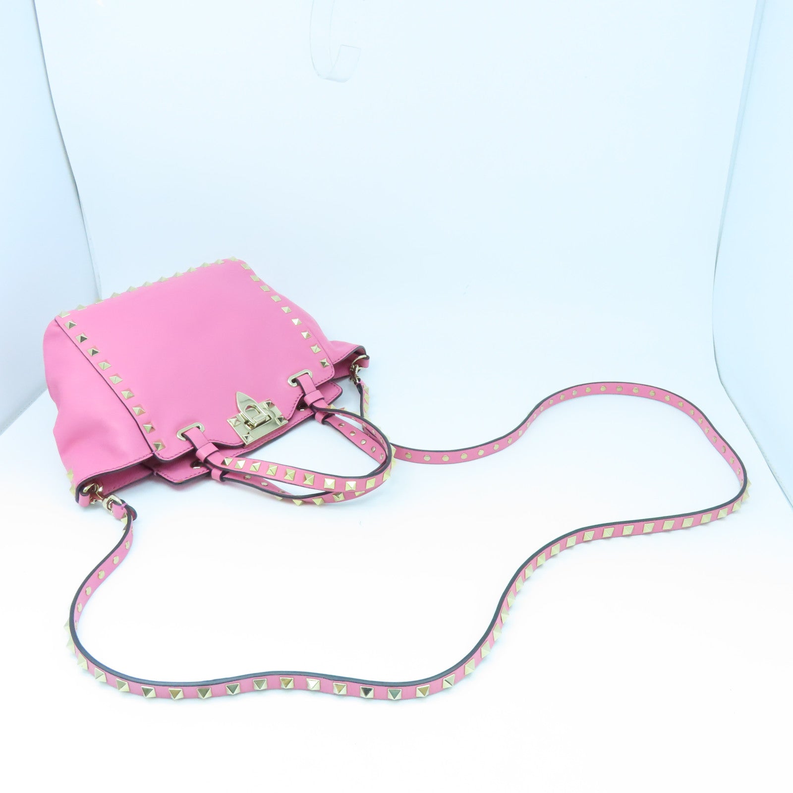 Valentino Leather Rockstud Mini Gold Buckle Handle Shoulder Bag Pink