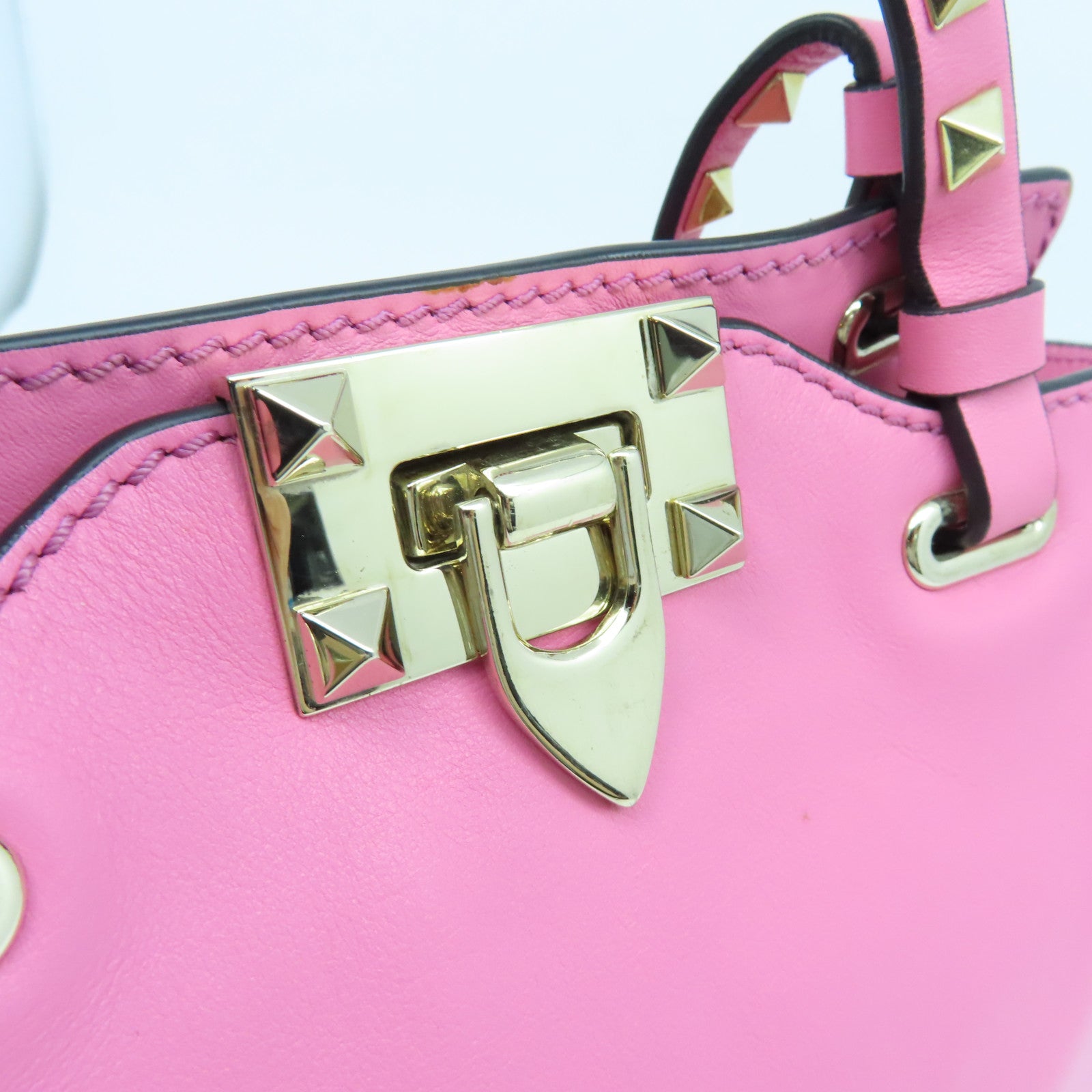 Valentino Leather Rockstud Mini Gold Buckle Handle Shoulder Bag Pink