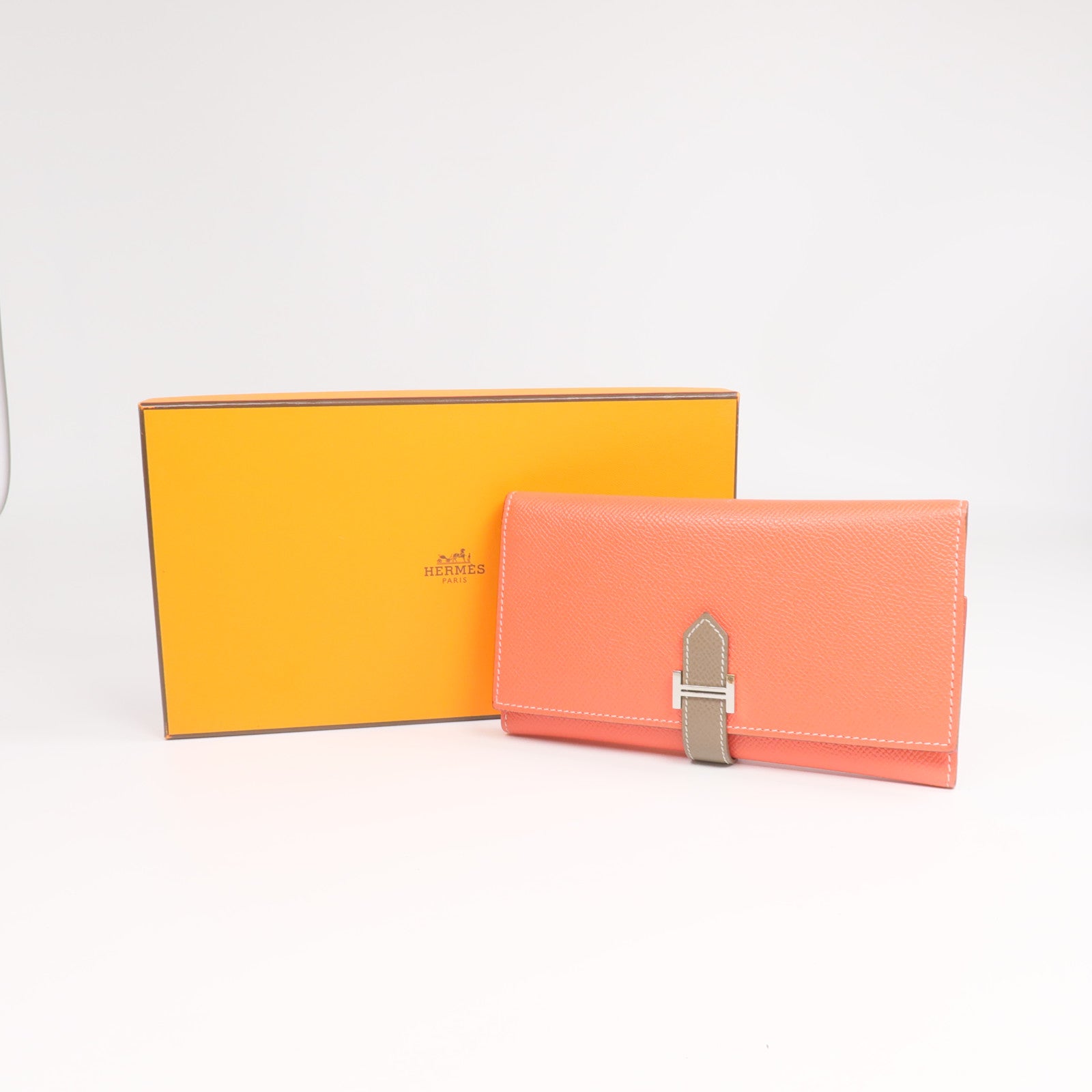 HERMES Epsom皮革Bearn Tri-Fold銀扣長錢包Rouge Casaque/Etoupe