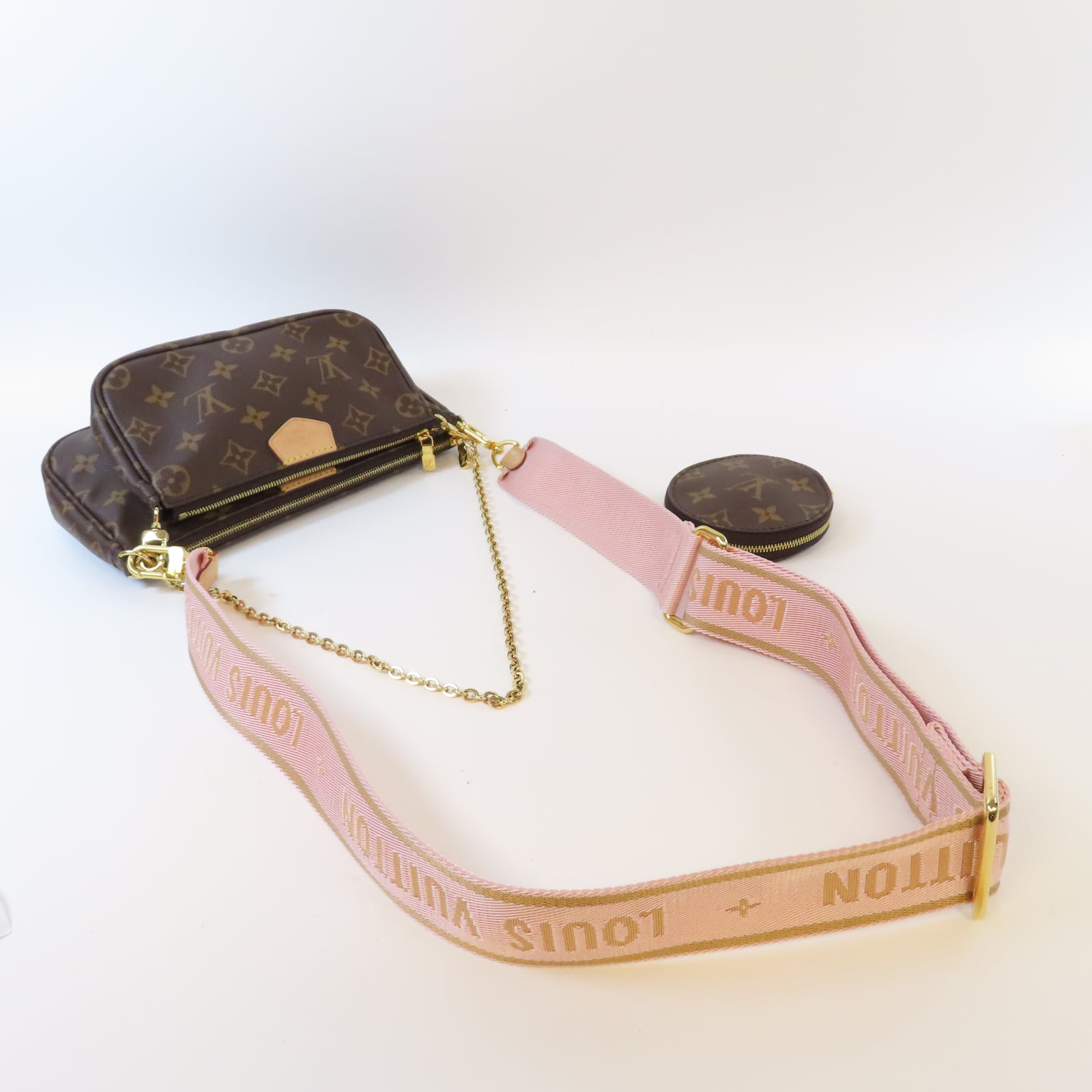 LOUIS VUITTON Monogram Multi Pochette Accessories金扣鏈帶手挽肩背兩用袋啡色/粉紅色