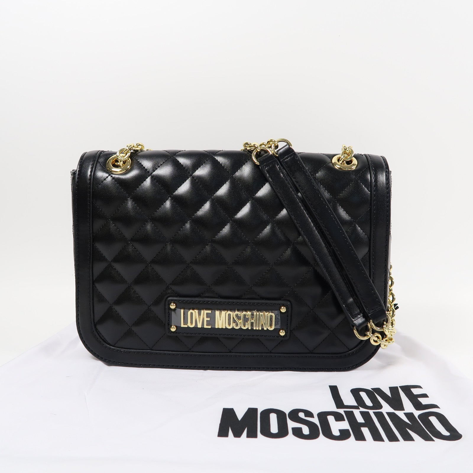 MOSCHINO 菱格塗層帆布Shoulder Bag金扣肩背袋黑色