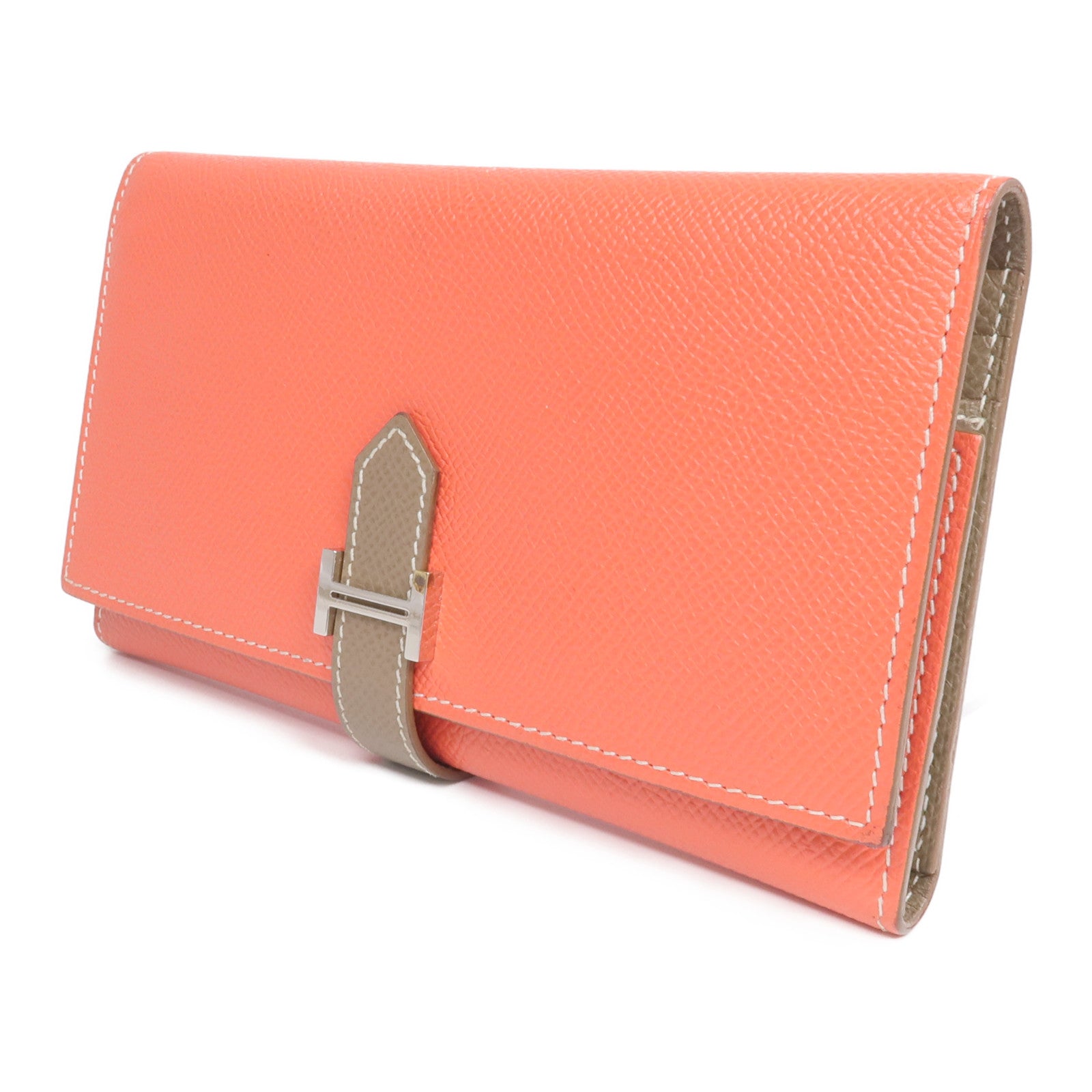 HERMES Epsom皮革Bearn Tri-Fold銀扣長錢包Rouge Casaque/Etoupe