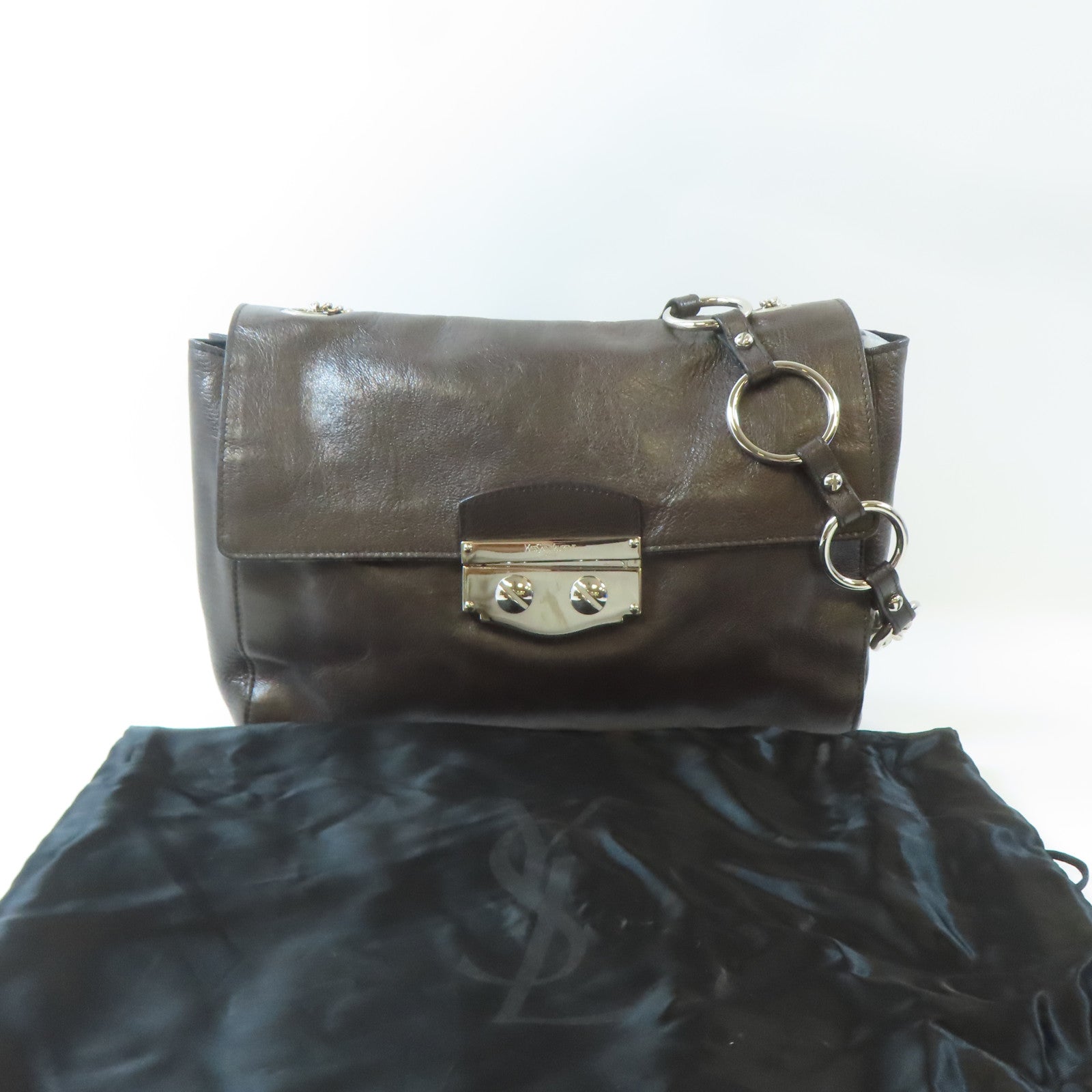 SAINT LAURENT 牛皮皮革Shoulder Bag銀扣鏈帶肩背袋啡色
