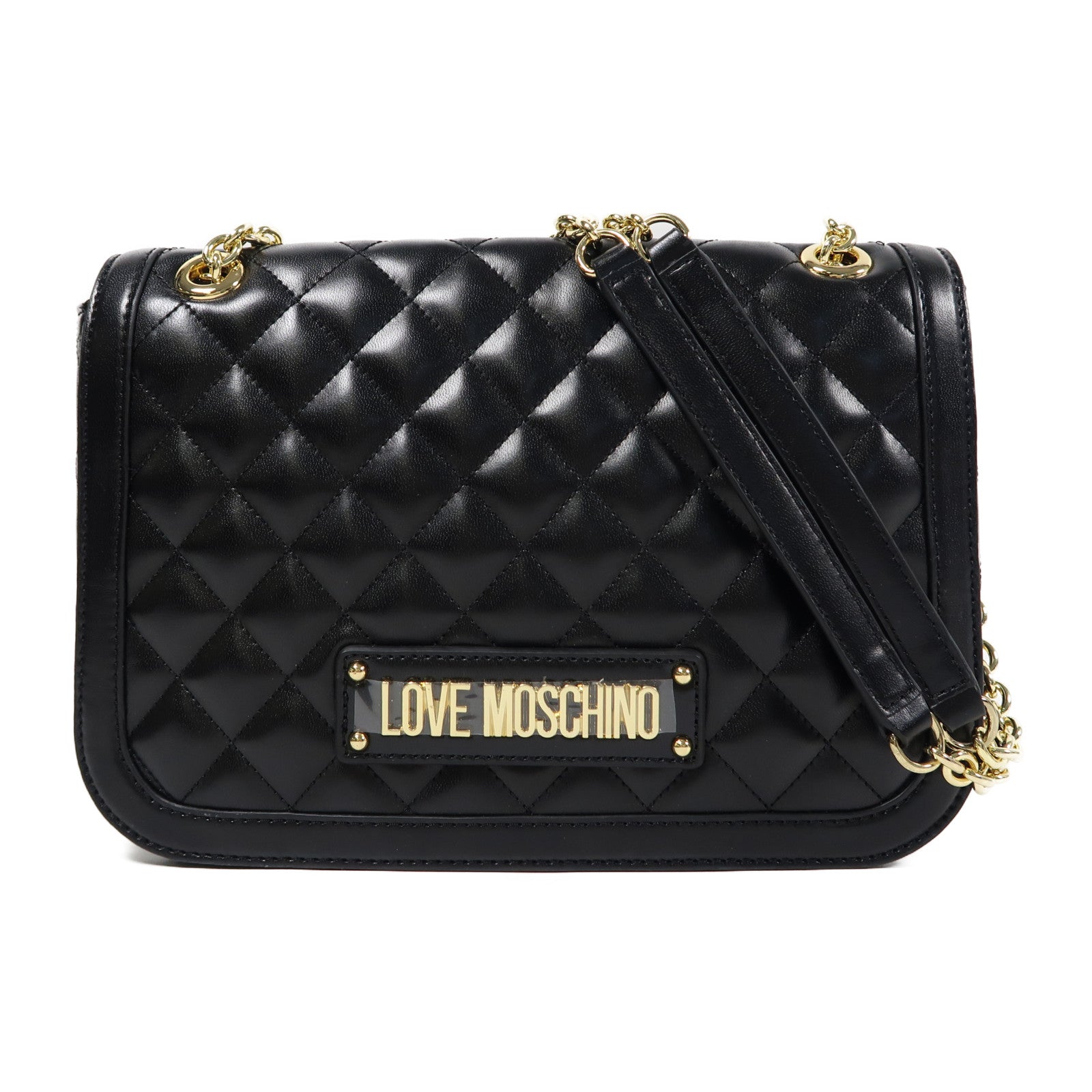 MOSCHINO 菱格塗層帆布Shoulder Bag金扣肩背袋黑色
