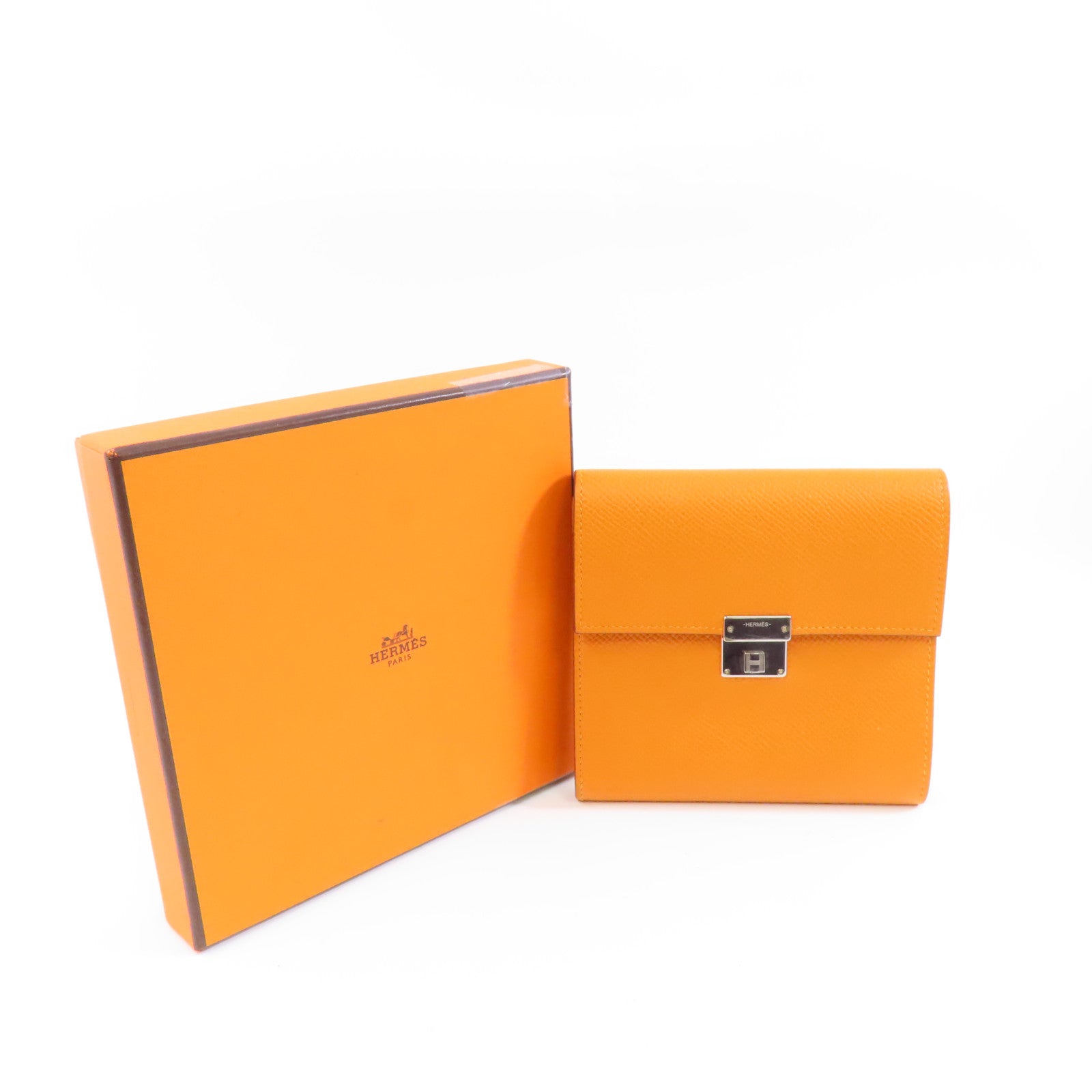 HERMES Epsom皮革Clic 12銀扣錢包Orange/橙色