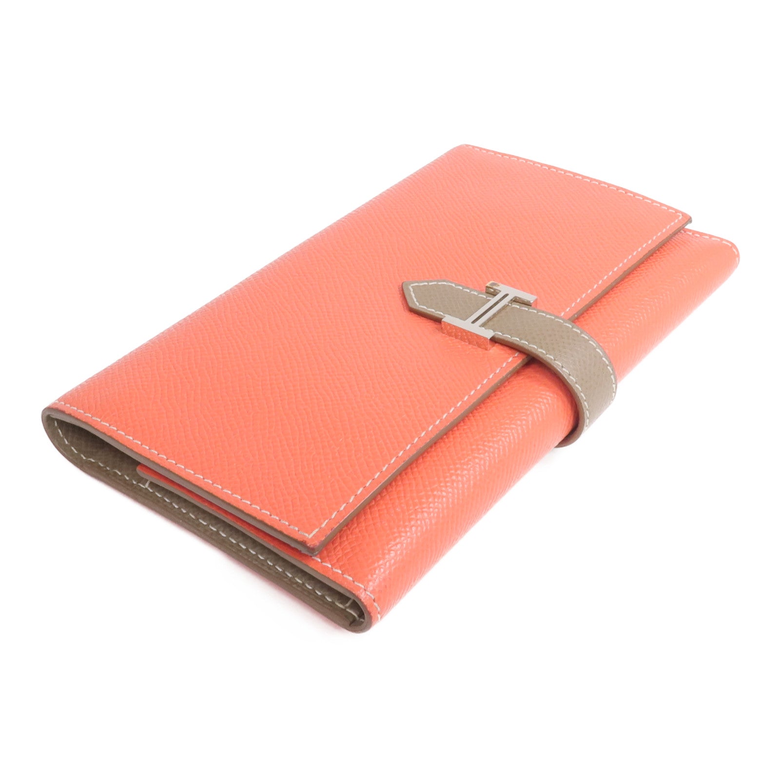 HERMES Epsom皮革Bearn Tri-Fold銀扣長錢包Rouge Casaque/Etoupe