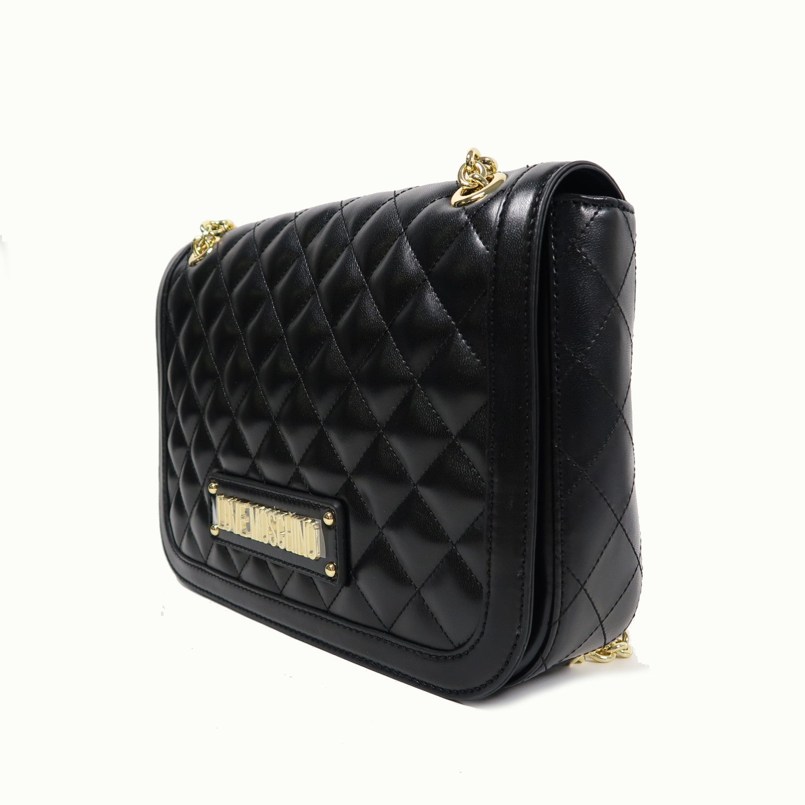 MOSCHINO 菱格塗層帆布Shoulder Bag金扣肩背袋黑色