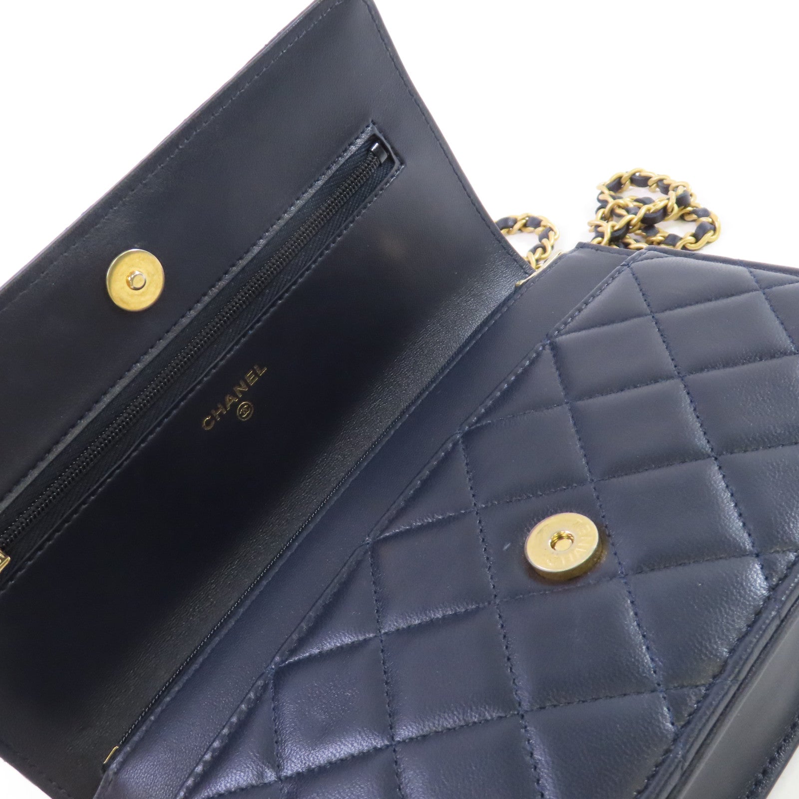 CHANEL 菱格羊皮皮革WOC Wallet On Chain Shoulder Bag金扣鏈帶肩背袋深藍色
