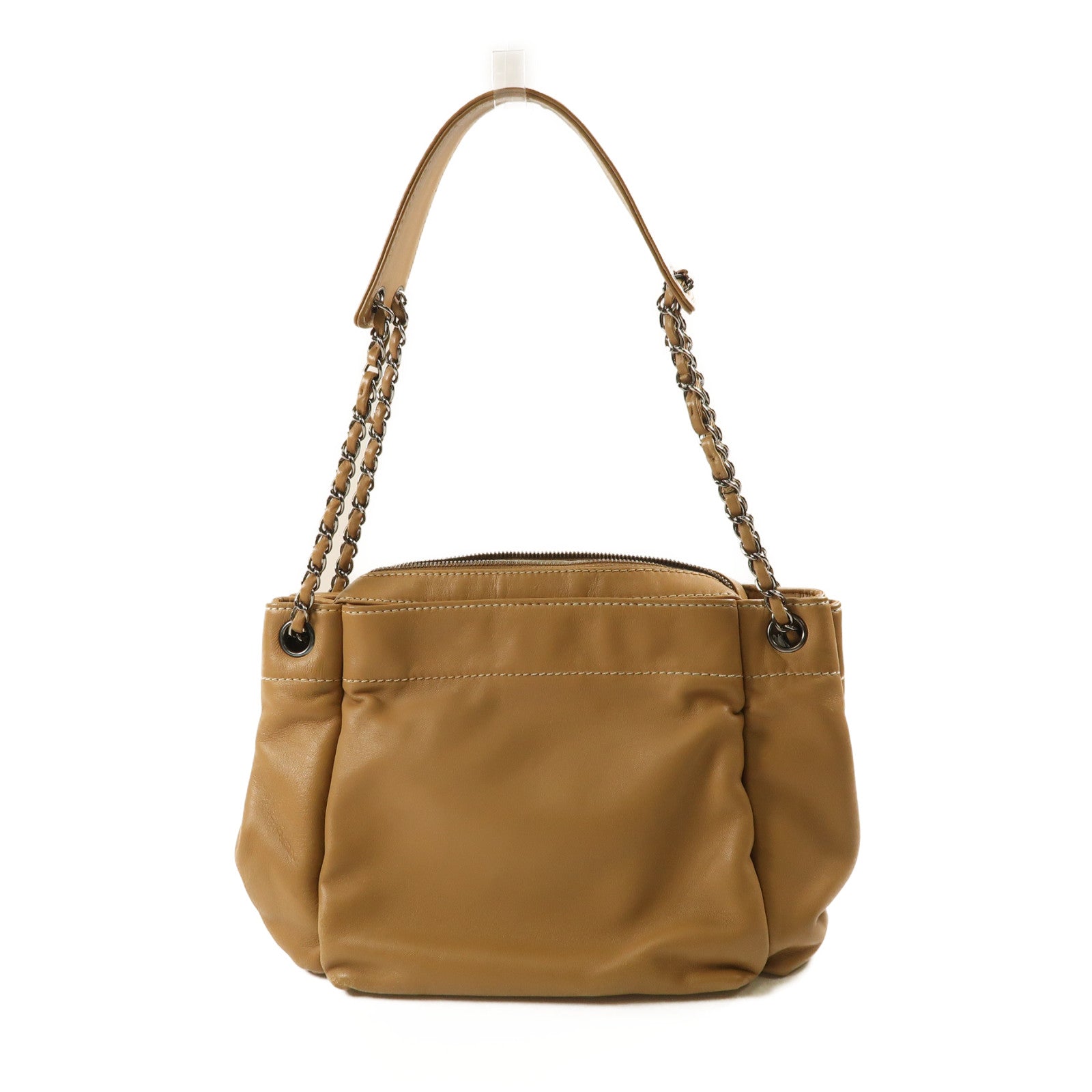 CHANEL 漆皮皮革Chain Shoulder銀扣鏈帶肩背袋淺啡色