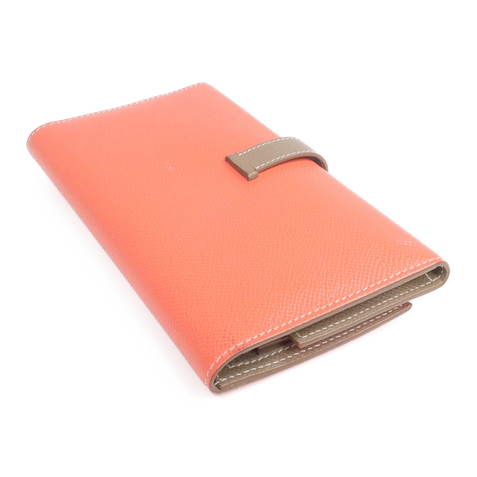 HERMES Epsom皮革Bearn Tri-Fold銀扣長錢包Rouge Casaque/Etoupe