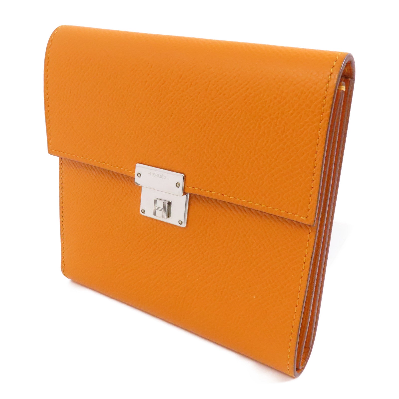 HERMES Epsom皮革Clic 12銀扣錢包Orange/橙色