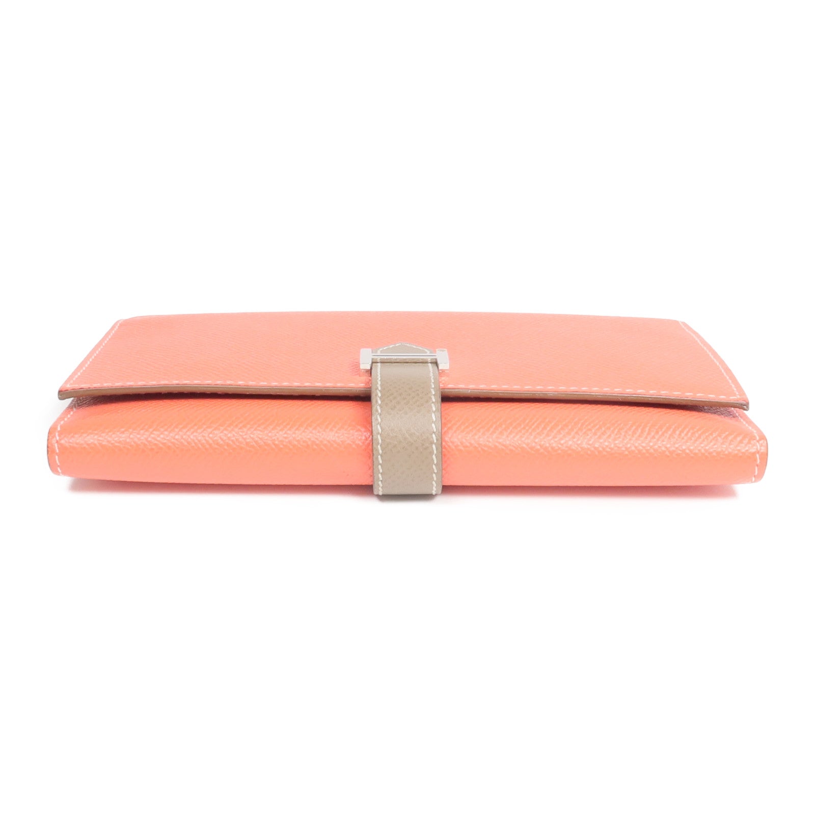 HERMES Epsom皮革Bearn Tri-Fold銀扣長錢包Rouge Casaque/Etoupe