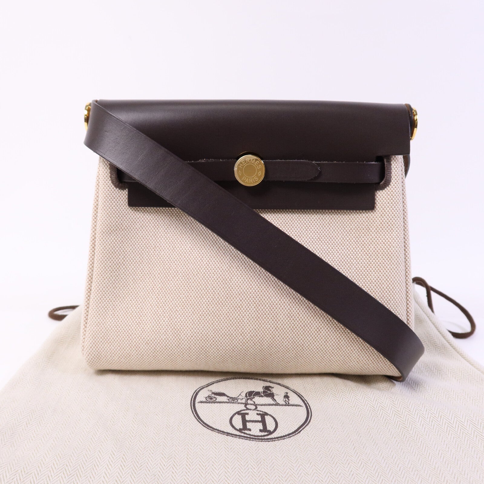 HERMES 帆布/Hunter皮革Mini Herbag金扣肩背袋Chocolat