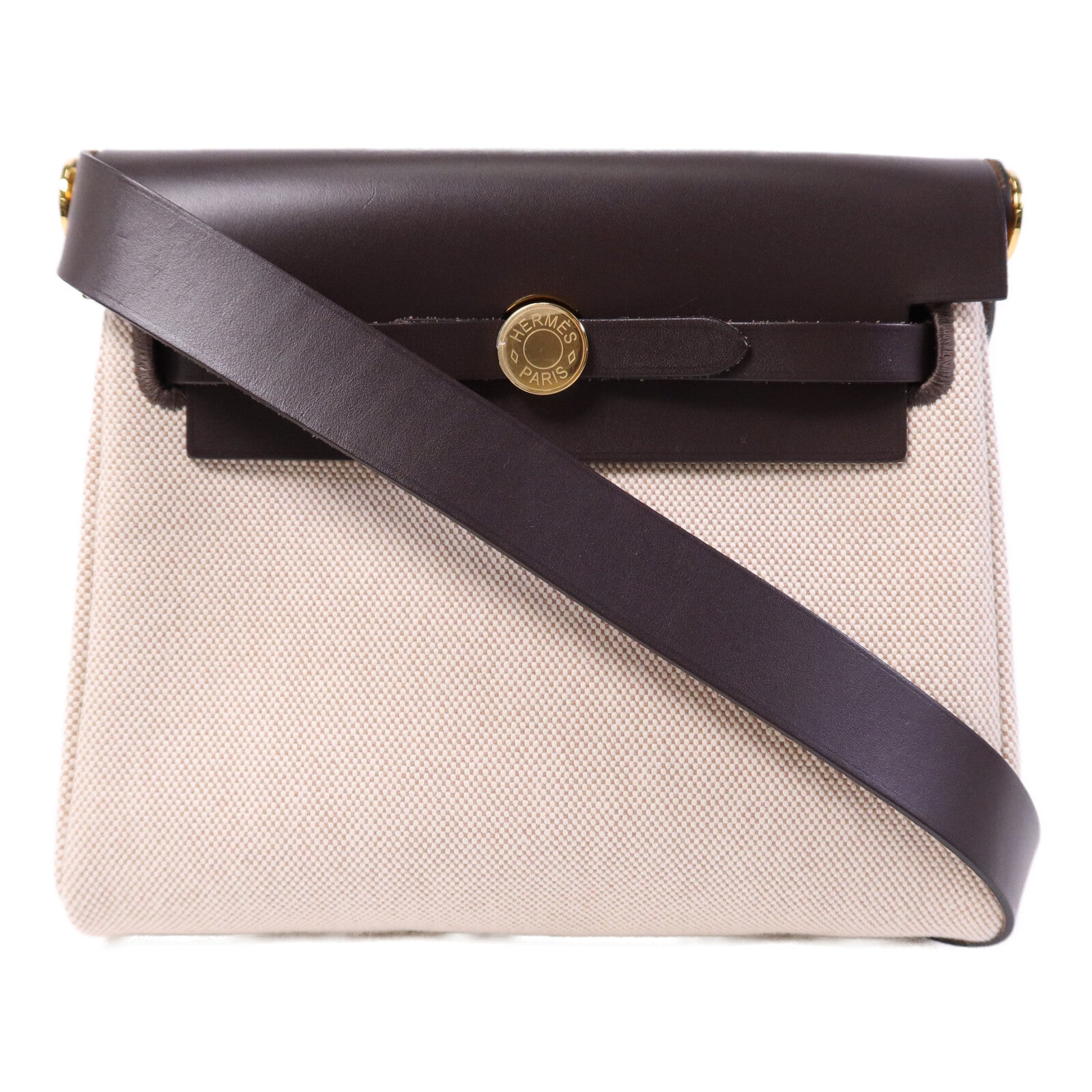 HERMES 帆布/Hunter皮革Mini Herbag金扣肩背袋Chocolat