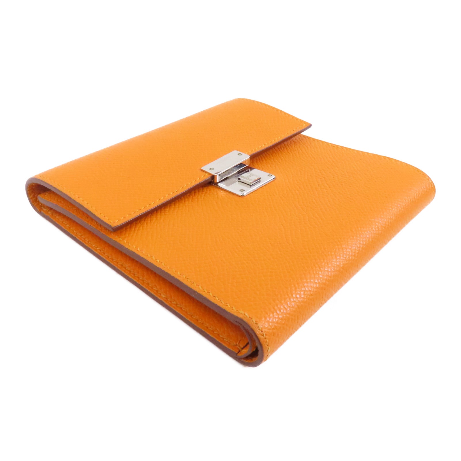 HERMES Epsom皮革Clic 12銀扣錢包Orange/橙色