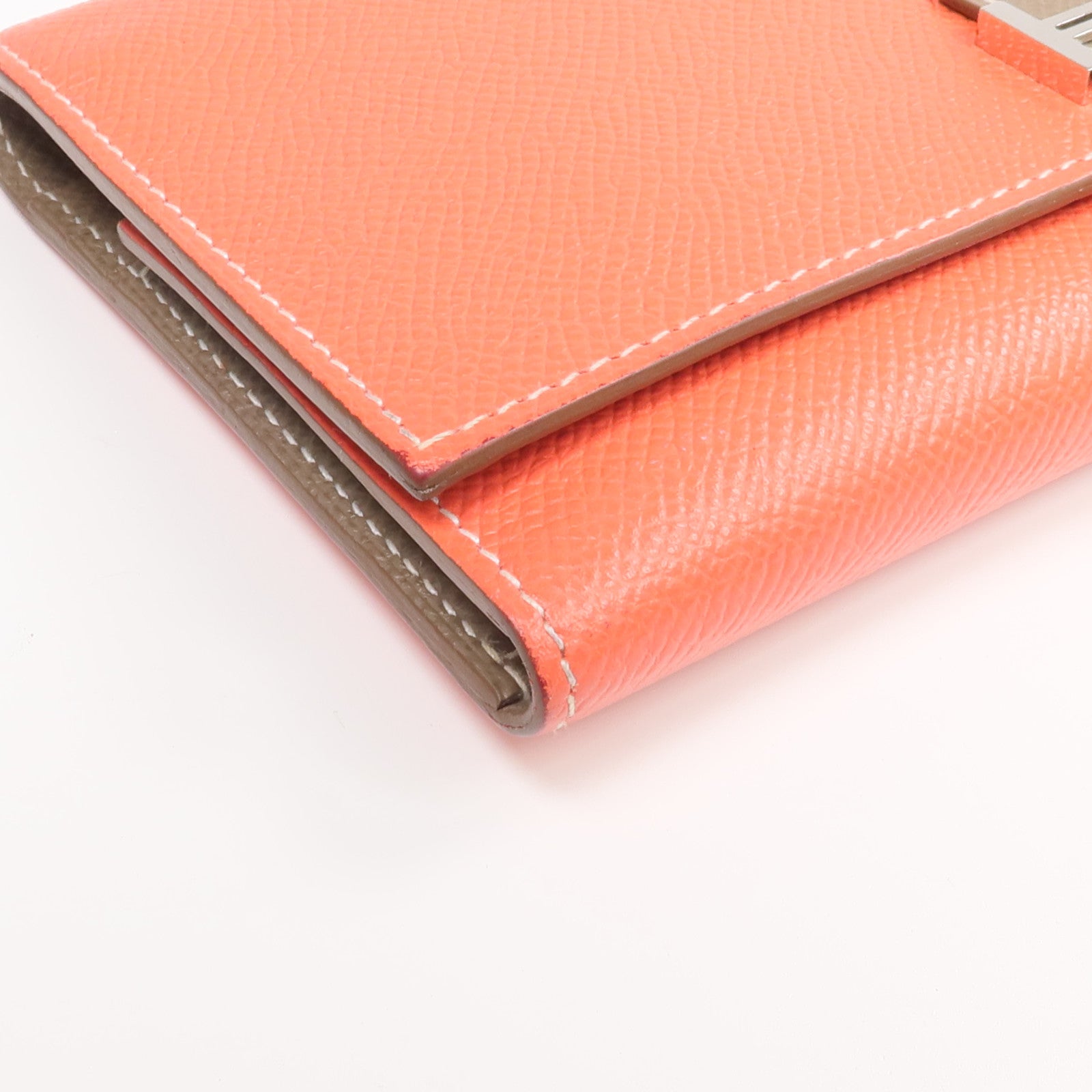 HERMES Epsom皮革Bearn Tri-Fold銀扣長錢包Rouge Casaque/Etoupe